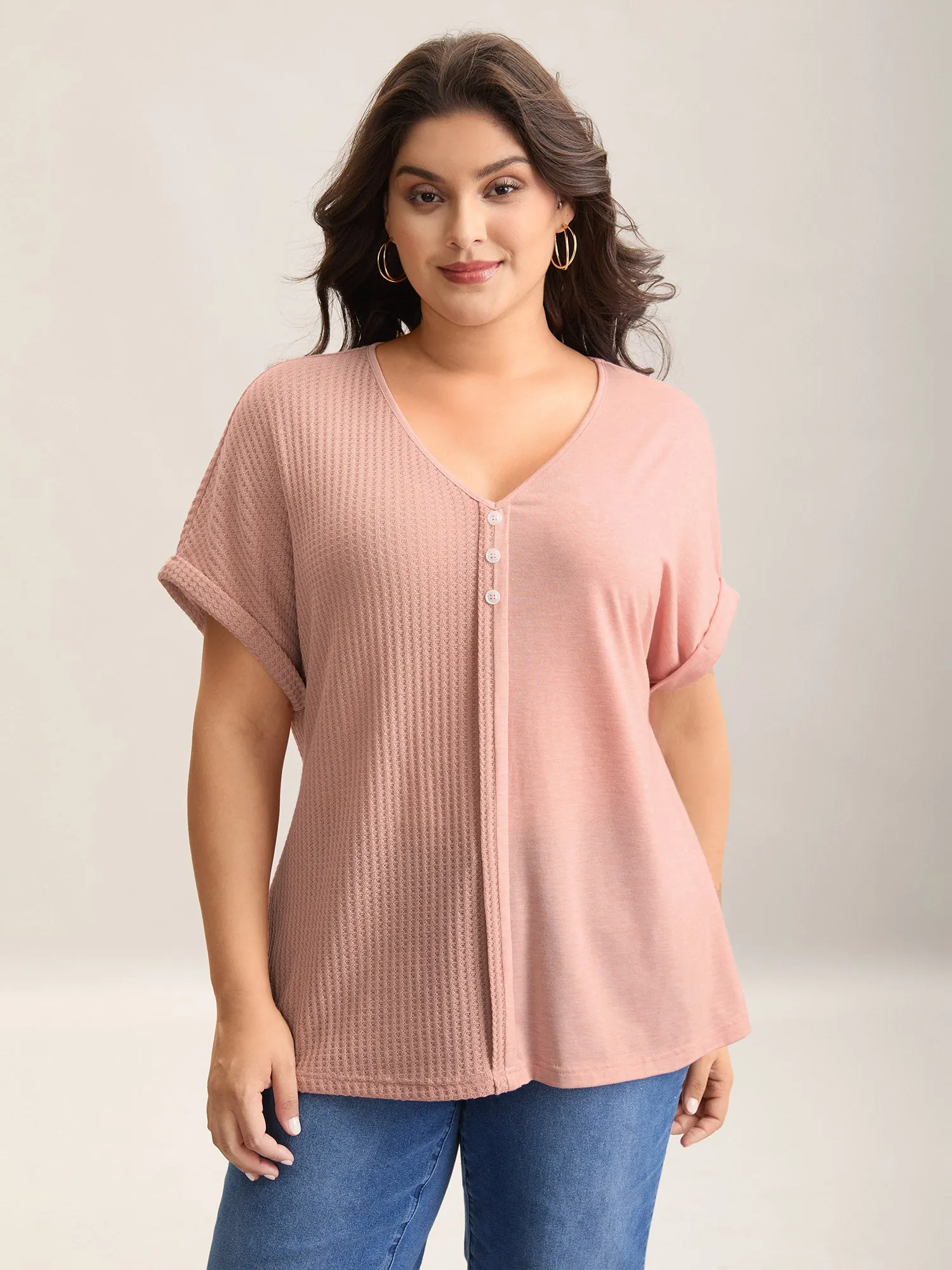 Textured Button Detail Spliced T-Shirt sold by Bloomchic