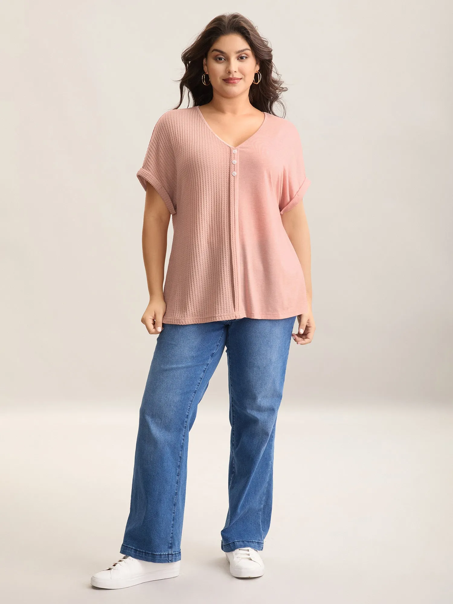 Textured Button Detail Spliced T-Shirt sold by Bloomchic product image thumbnail 3