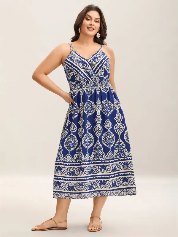 Boho Print Shirred Pockets Midi Dress sold by Bloomchic
