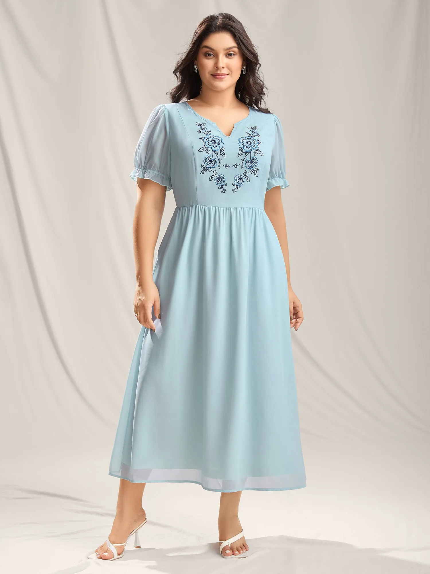Embroidered Sheer Chiffon Pockets Midi Dress sold by Bloomchic