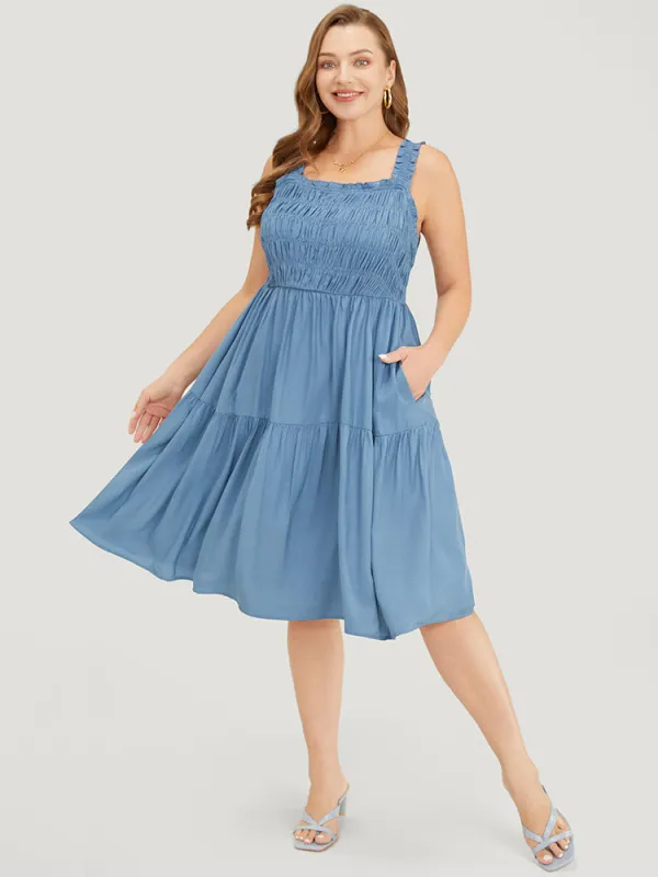Solid Shirred Pocket Ruffle Tiered Cami Dress sold by Bloomchic