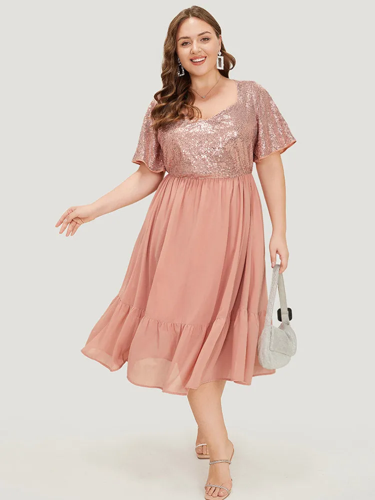 Sequin Patchwork Belted Flutter Hem Midi Dress sold by Bloomchic