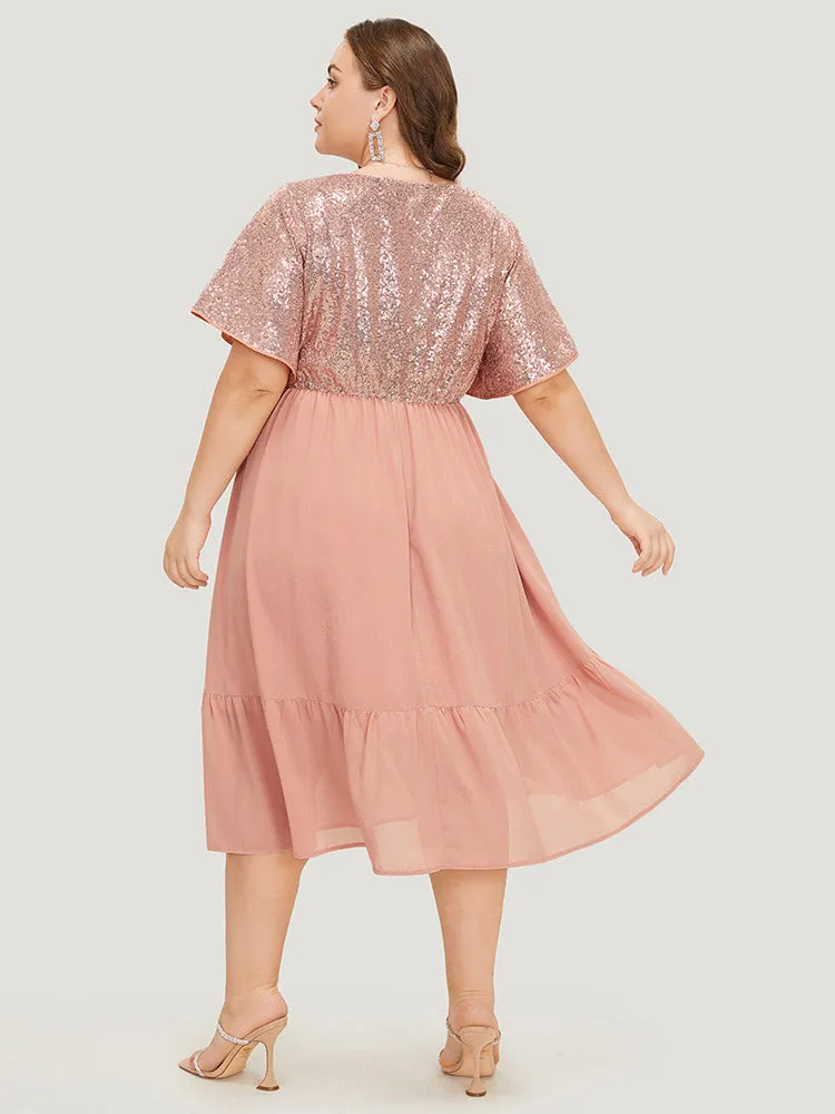 Sequin Patchwork Belted Flutter Hem Midi Dress sold by Bloomchic product image thumbnail 2