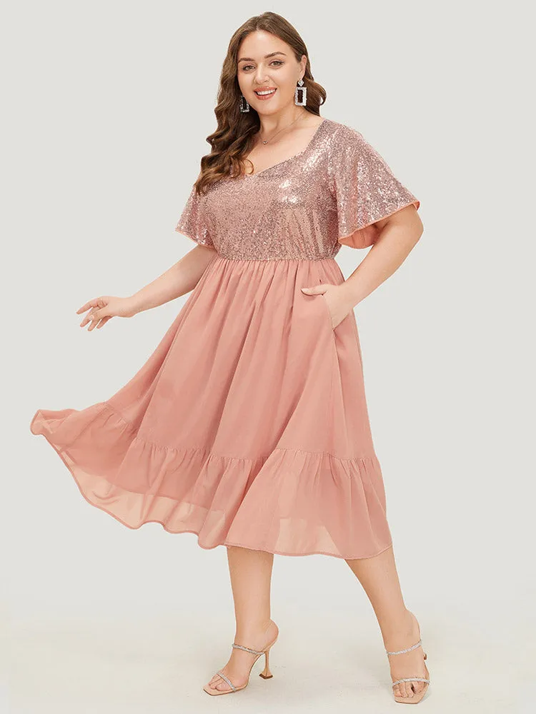 Sequin Patchwork Belted Flutter Hem Midi Dress sold by Bloomchic product image thumbnail 4