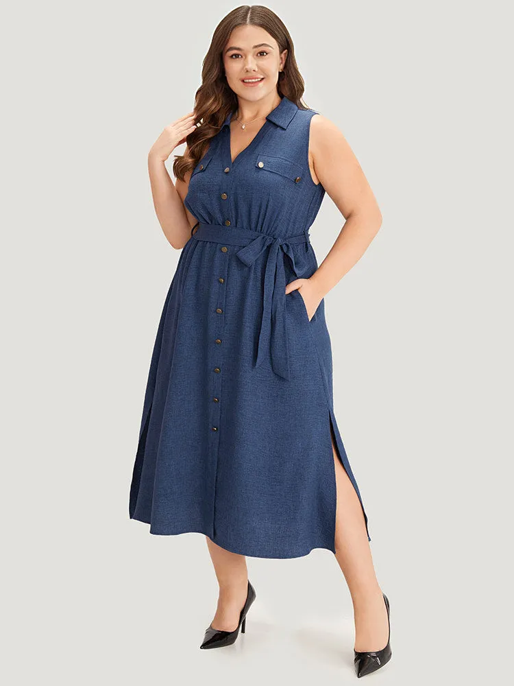 Plain Pocket Button Detail Belted Split Side Tank Dress sold by Bloomchic product image thumbnail 3