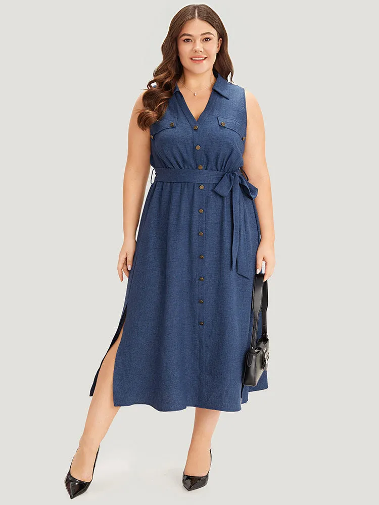 Plain Pocket Button Detail Belted Split Side Tank Dress sold by Bloomchic product image thumbnail 2