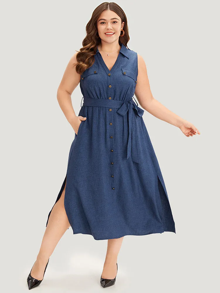 Plain Pocket Button Detail Belted Split Side Tank Dress sold by Bloomchic