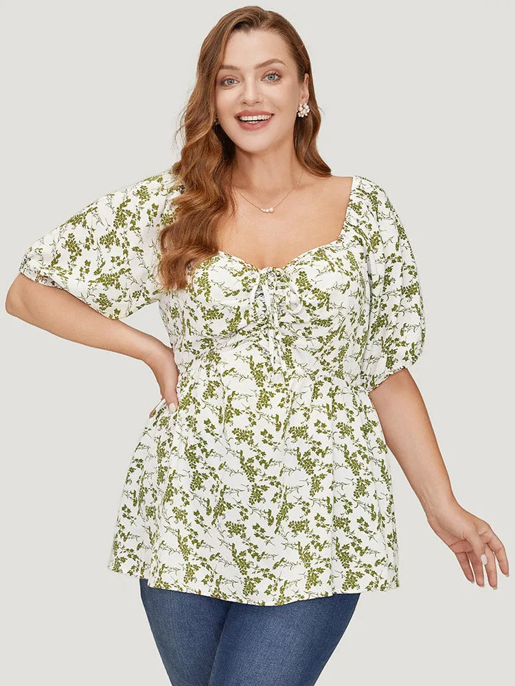 Ditsy Floral Puff Sleeve Ruched Drawstring Blouse sold by Bloomchic product image thumbnail 2
