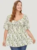 Ditsy Floral Puff Sleeve Ruched Drawstring Blouse sold by Bloomchic