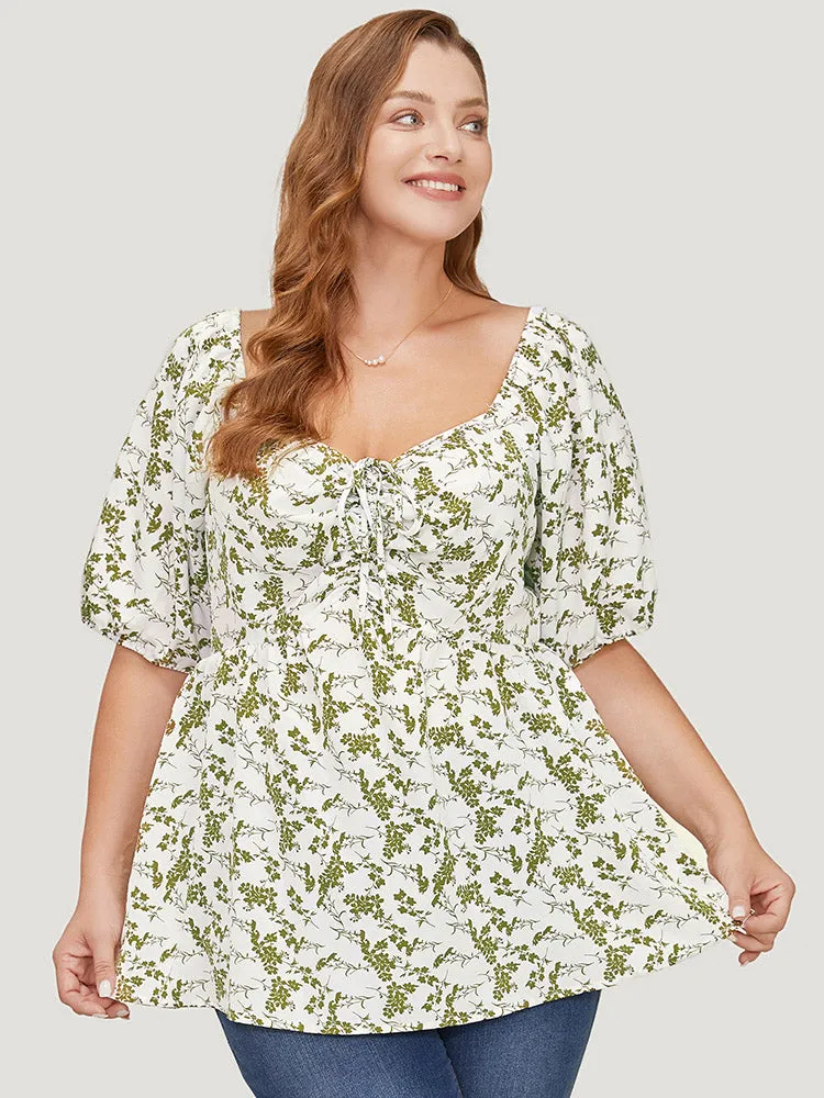 Ditsy Floral Puff Sleeve Ruched Drawstring Blouse sold by Bloomchic product image thumbnail 4