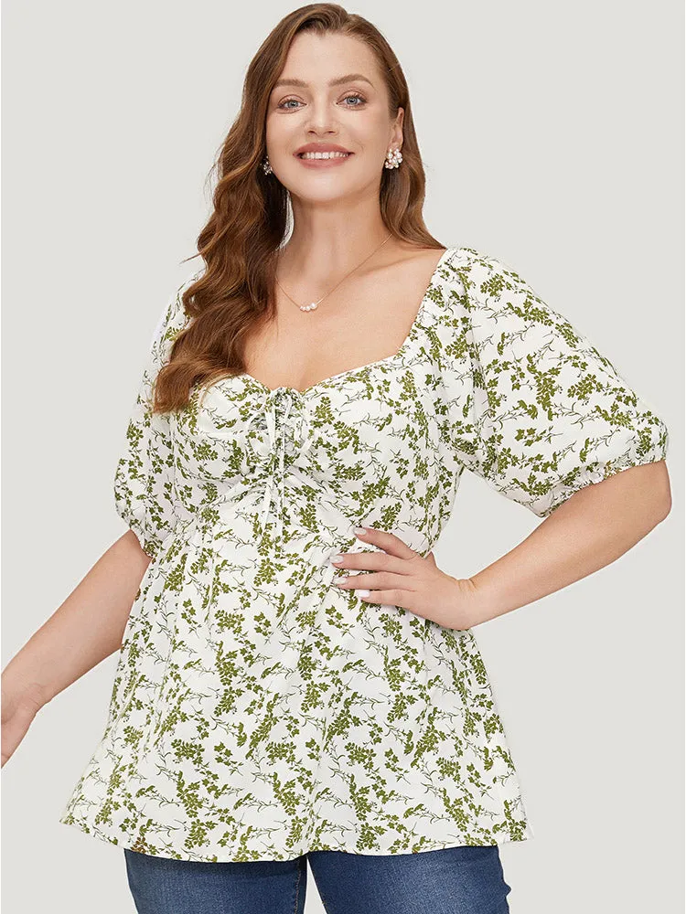 Ditsy Floral Puff Sleeve Ruched Drawstring Blouse sold by Bloomchic