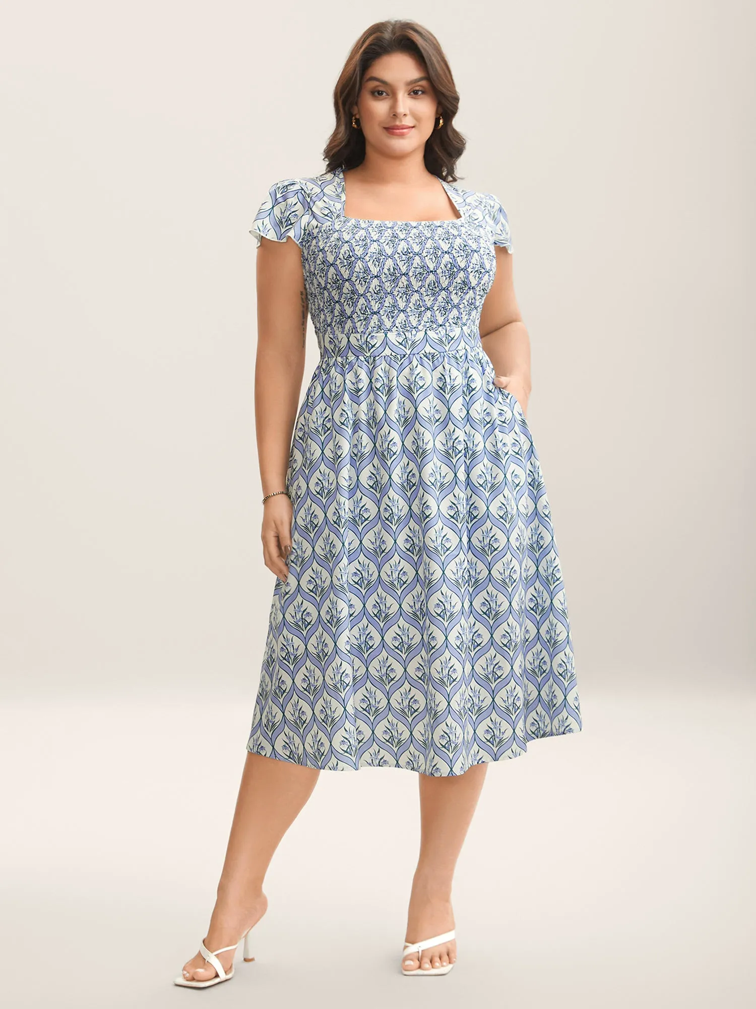 Boho Floral Print Shirred Pockets Midi Dress sold by Bloomchic