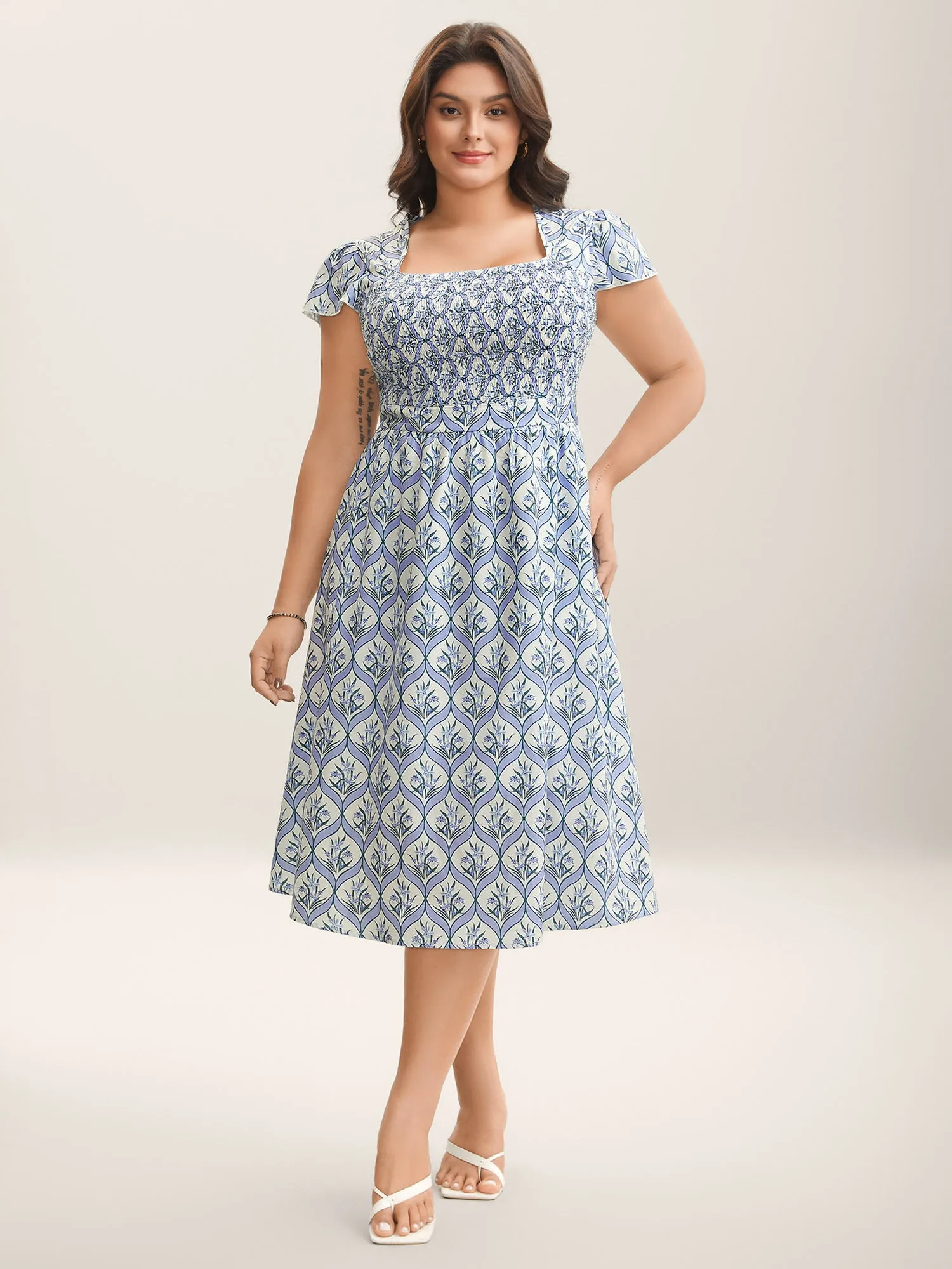 Boho Floral Print Shirred Pockets Midi Dress sold by Bloomchic product image thumbnail 3