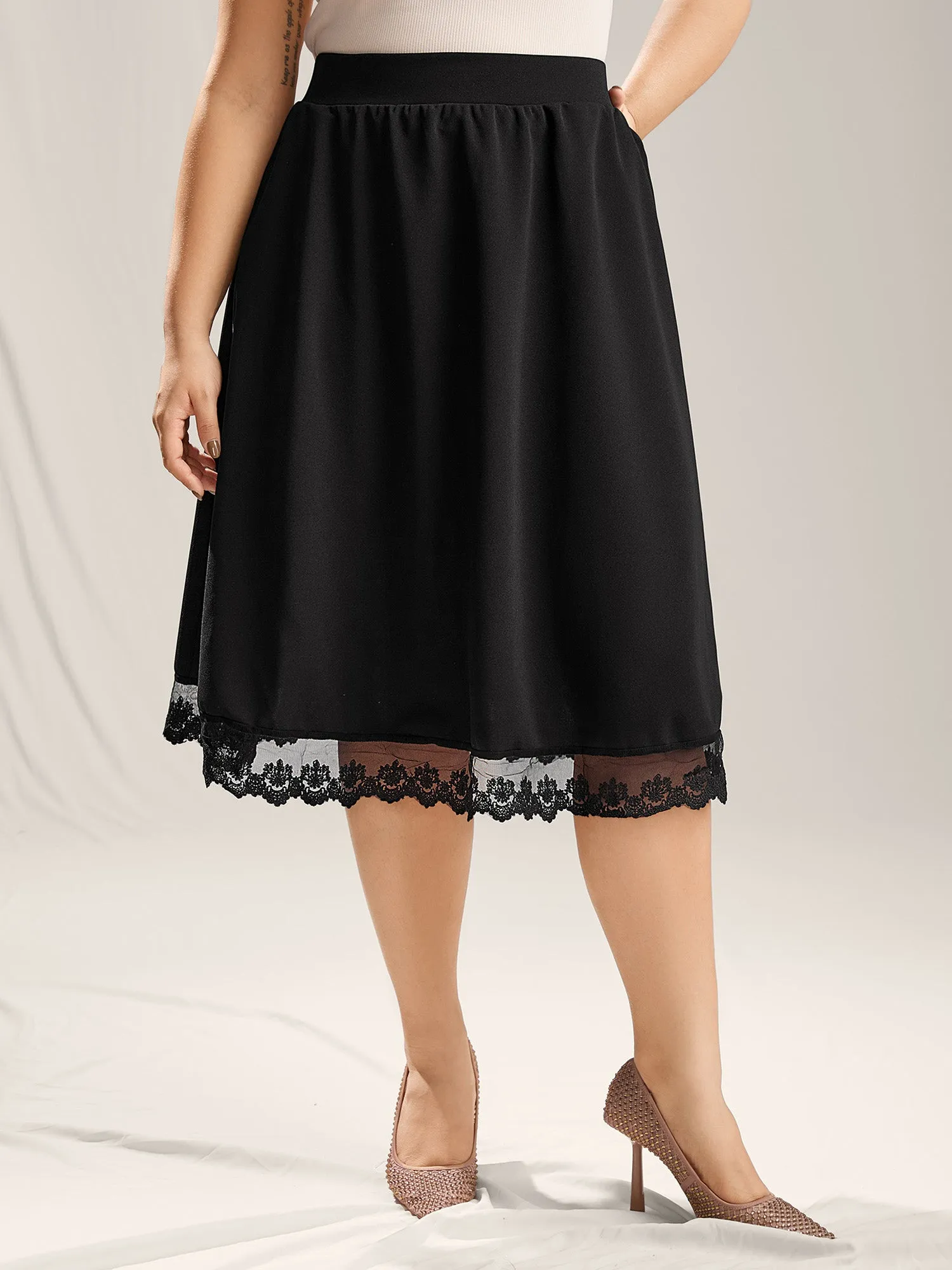 Plain Pleated Lace Hem Midi Skirt sold by Bloomchic