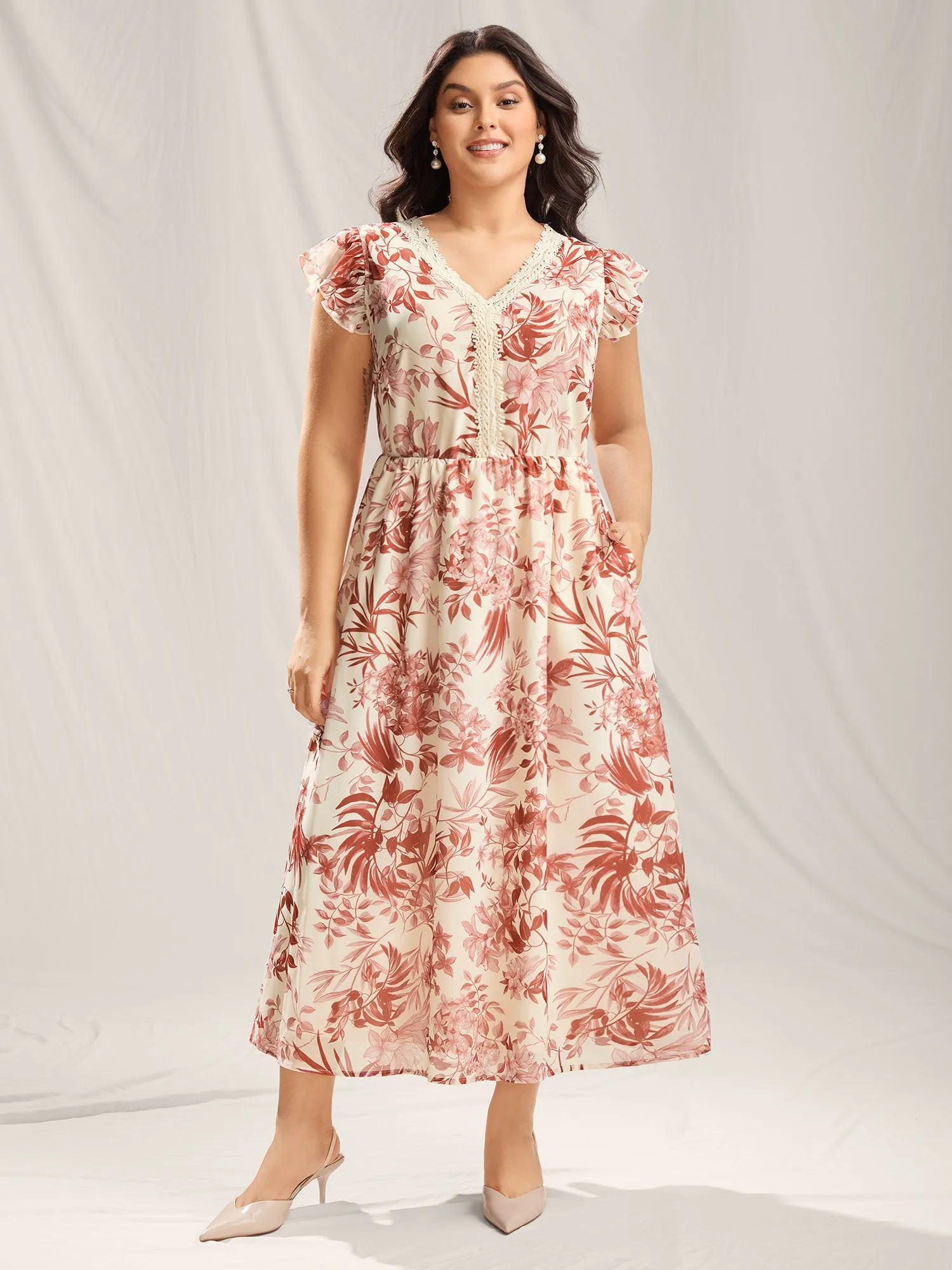 Large Flower Print Lace Trim Maxi Dress sold by Bloomchic