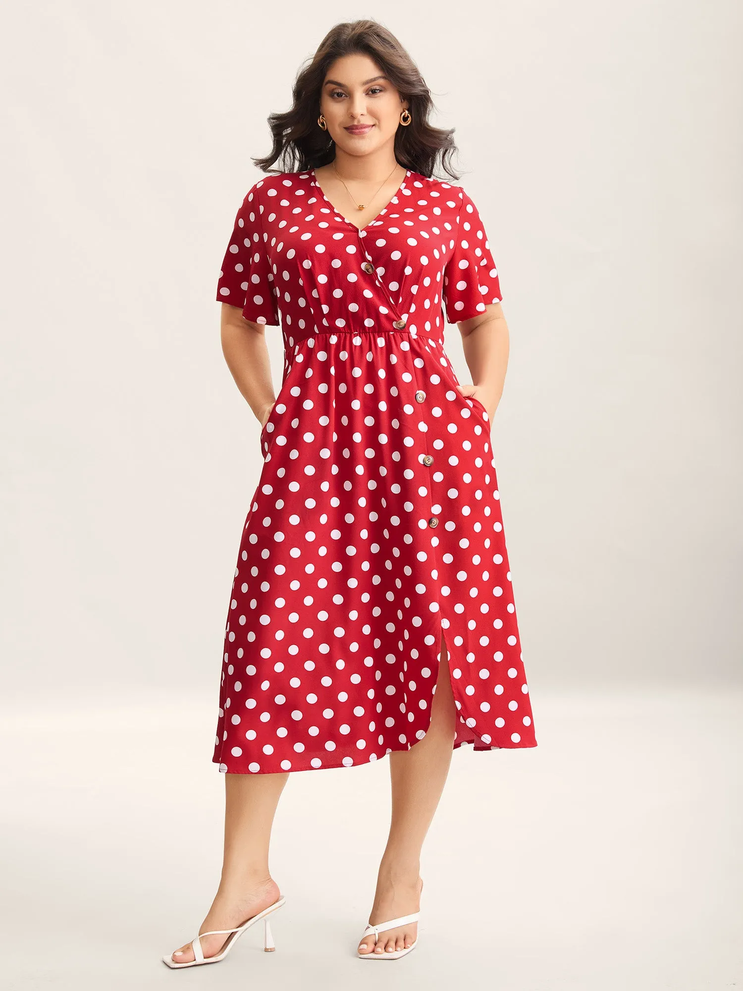 Polka Dots Surplice Button Detail Midi Dress sold by Bloomchic