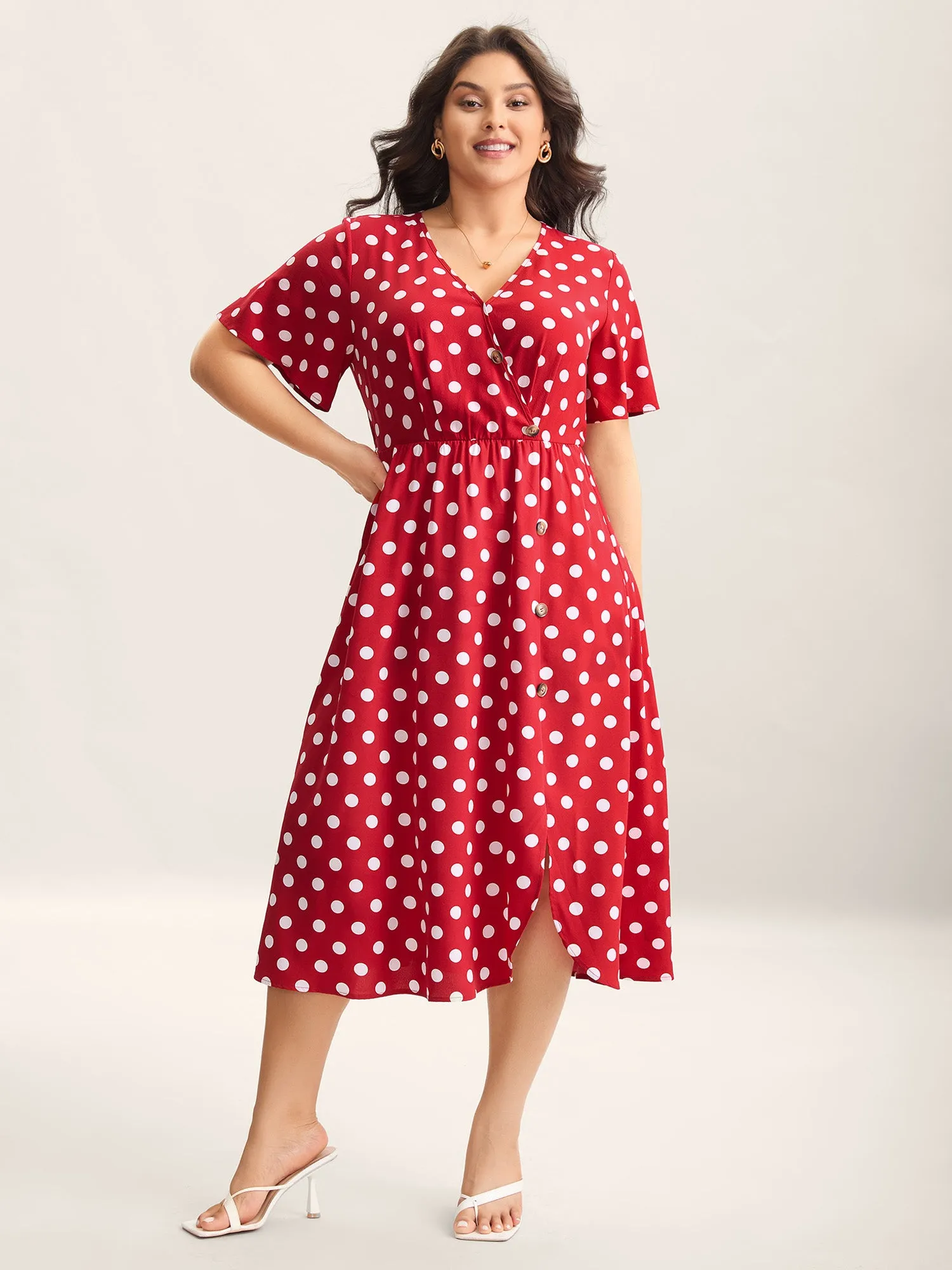 Polka Dots Surplice Button Detail Midi Dress sold by Bloomchic product image thumbnail 3