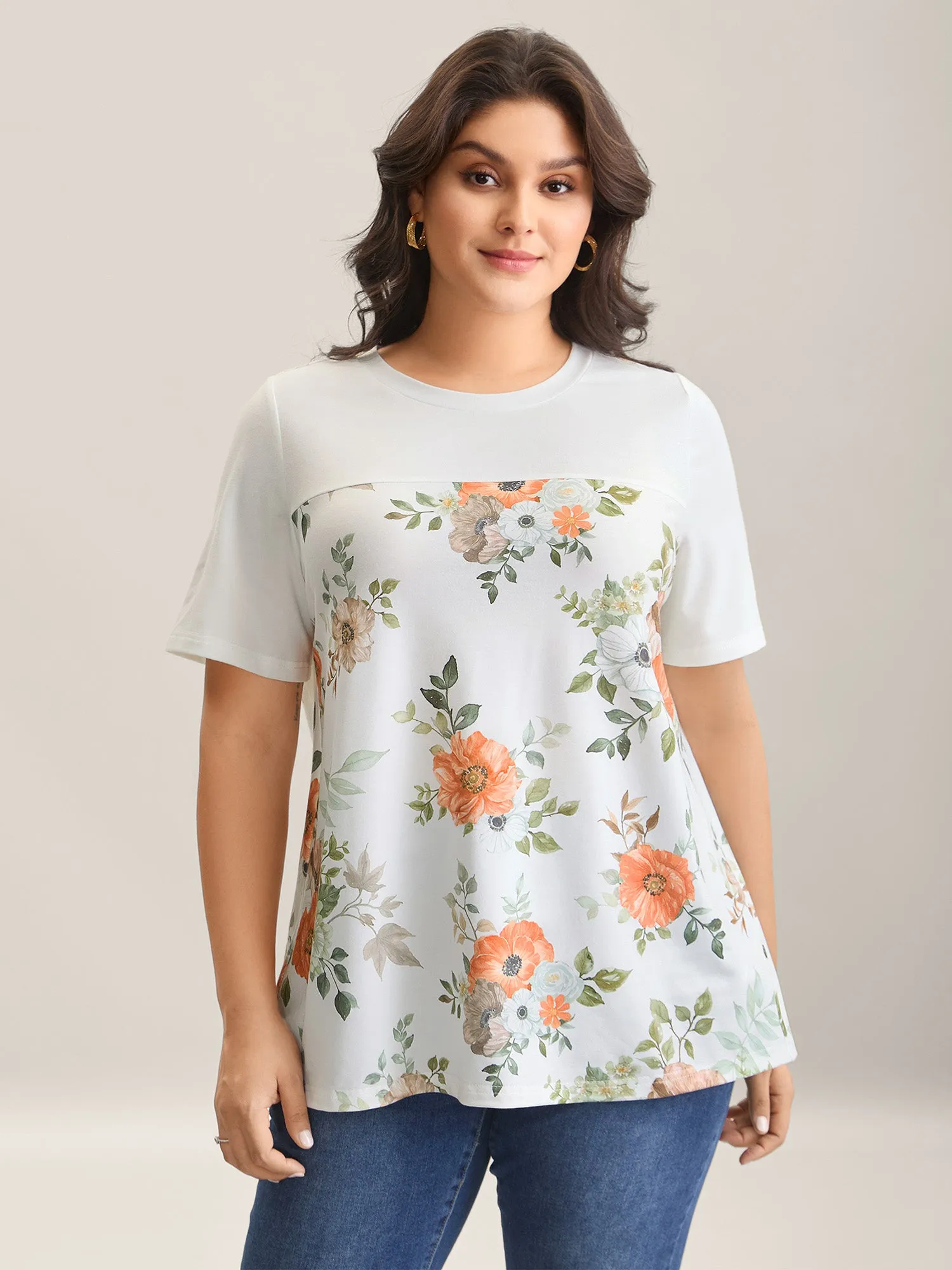 Floral Print Spliced Stretchy T-Shirt sold by Bloomchic