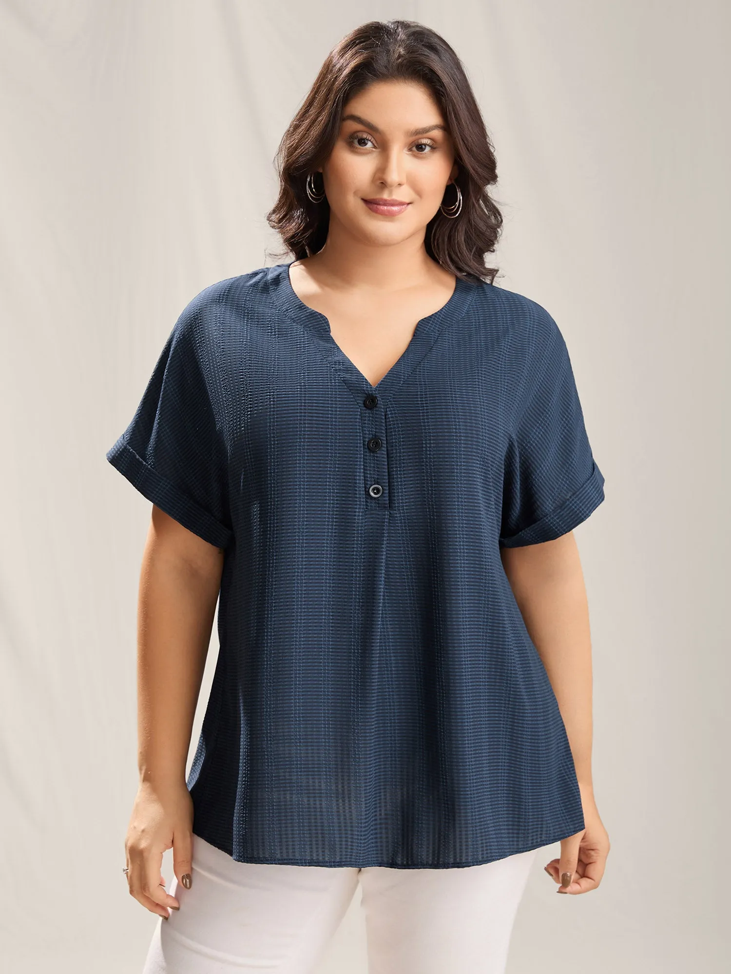 Textured Half Placket Split Neck Shirt sold by Bloomchic