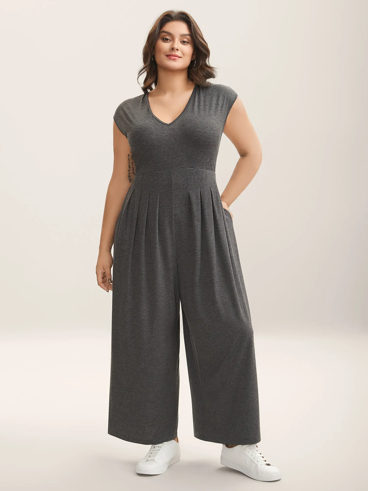 Pleated Waist Pockets Wide-Leg Jumpsuit sold by Bloomchic
