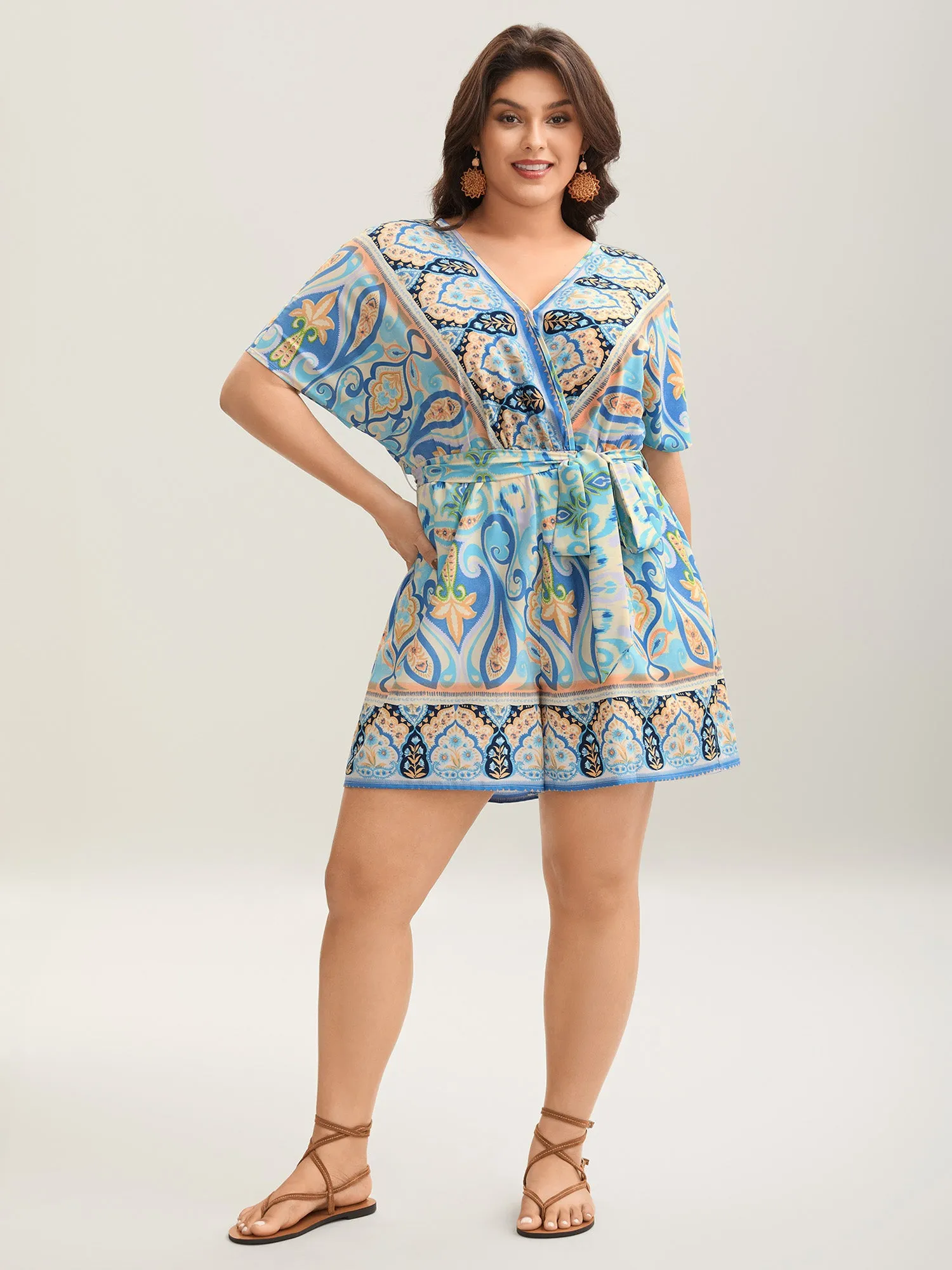 Boho Print Tie-Waist Pockets Romper sold by Bloomchic