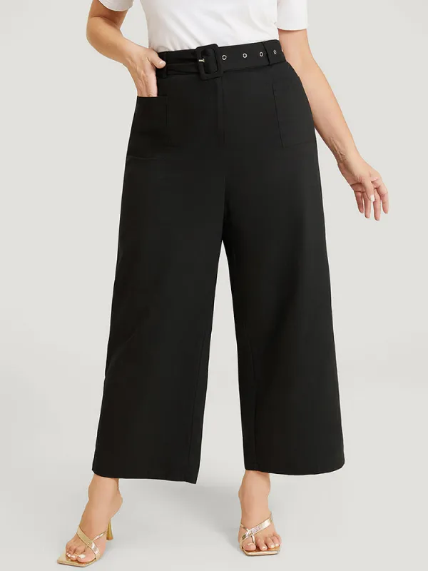 Solid Pocket Eyelet Detail Buckle Belted Pants sold by Bloomchic