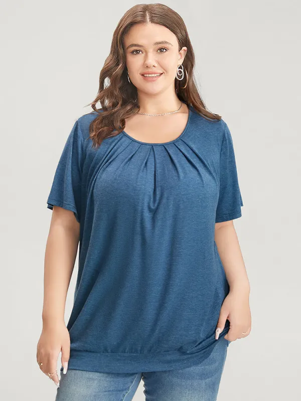 Solid Round Neck Pleated Detail T-shirt sold by Bloomchic