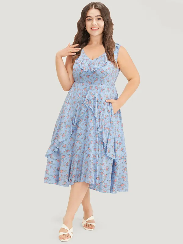 Ditsy Floral Ruffle Trim Asymmetrical Hem Pocket Tank Dress sold by Bloomchic