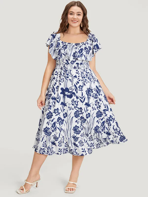 Floral Ruffle Trim Square Neck Shirred Pocket Dress sold by Bloomchic