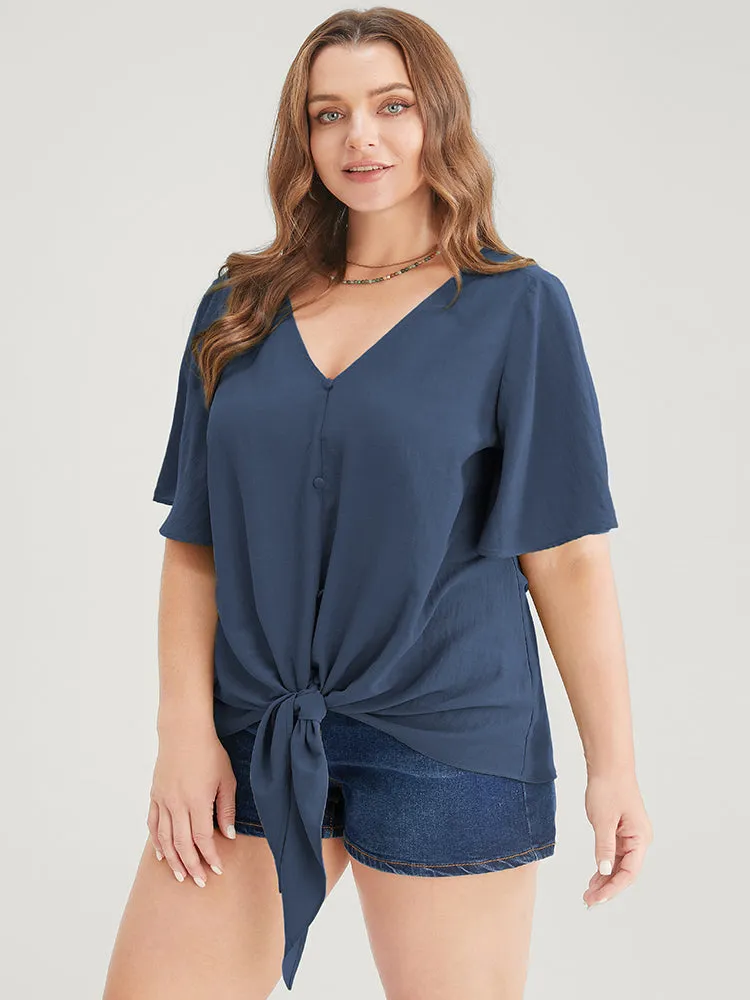 Plain Ruffle Sleeve Knot Front Button Detail Blouse sold by Bloomchic product image thumbnail 2