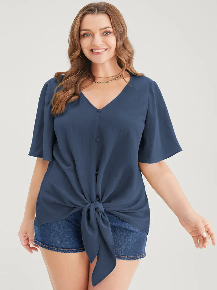 Plain Ruffle Sleeve Knot Front Button Detail Blouse sold by Bloomchic