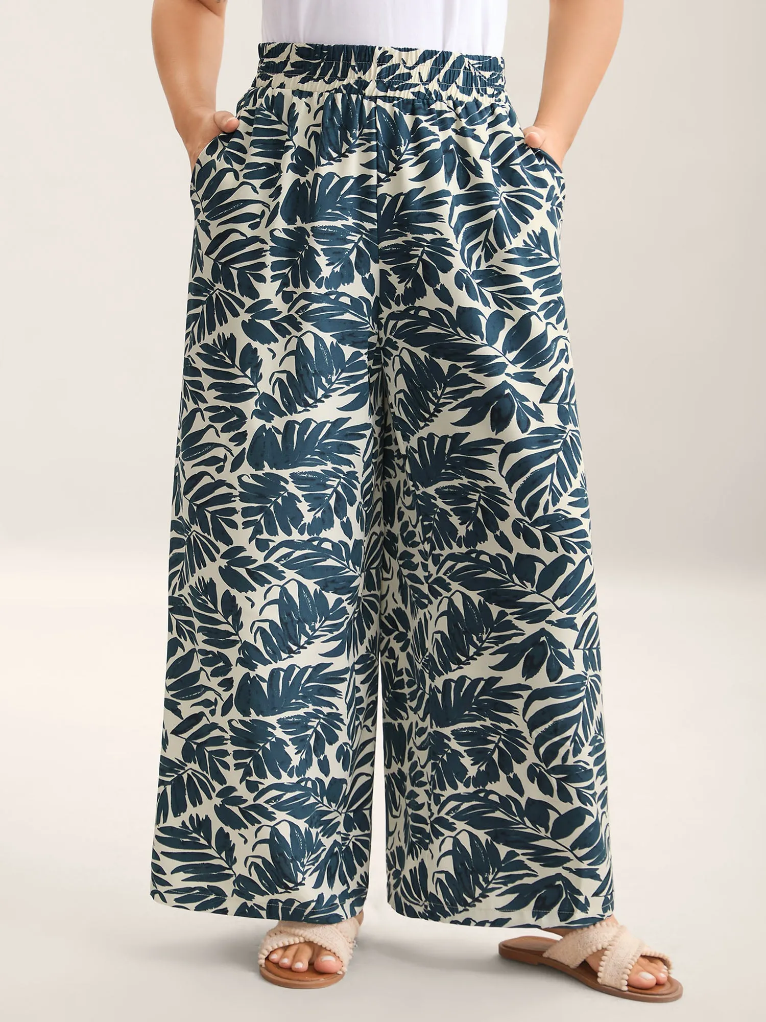 Tropical Leaf Print Wide-Leg Pants sold by Bloomchic