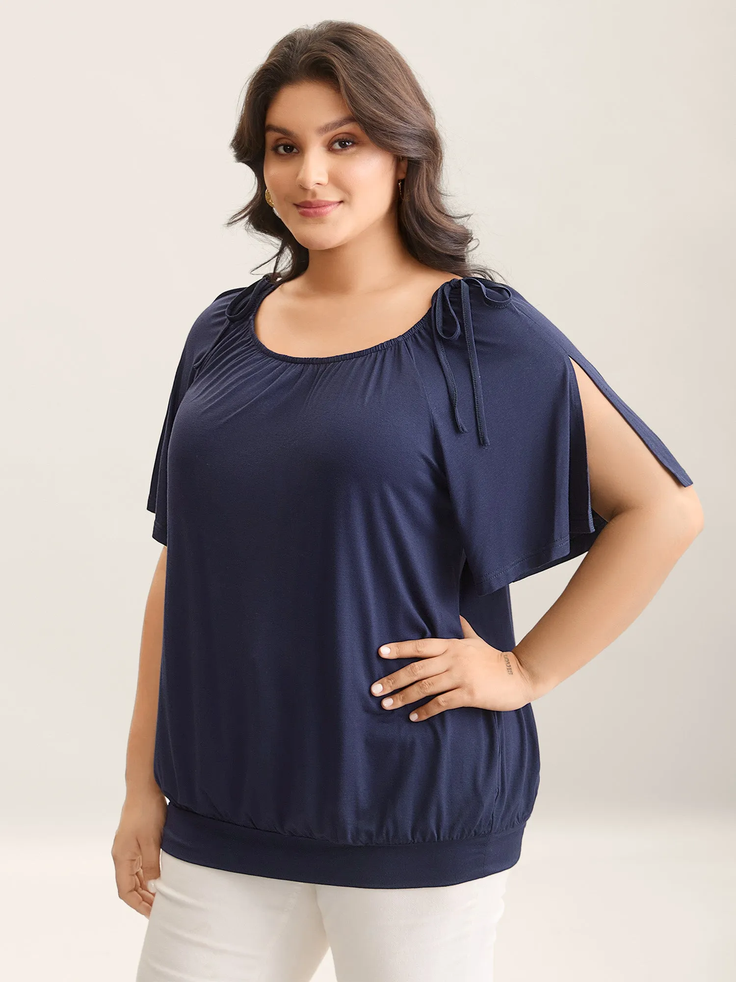 SuperSoft Drawstring Neck Split Sleeve Top sold by Bloomchic