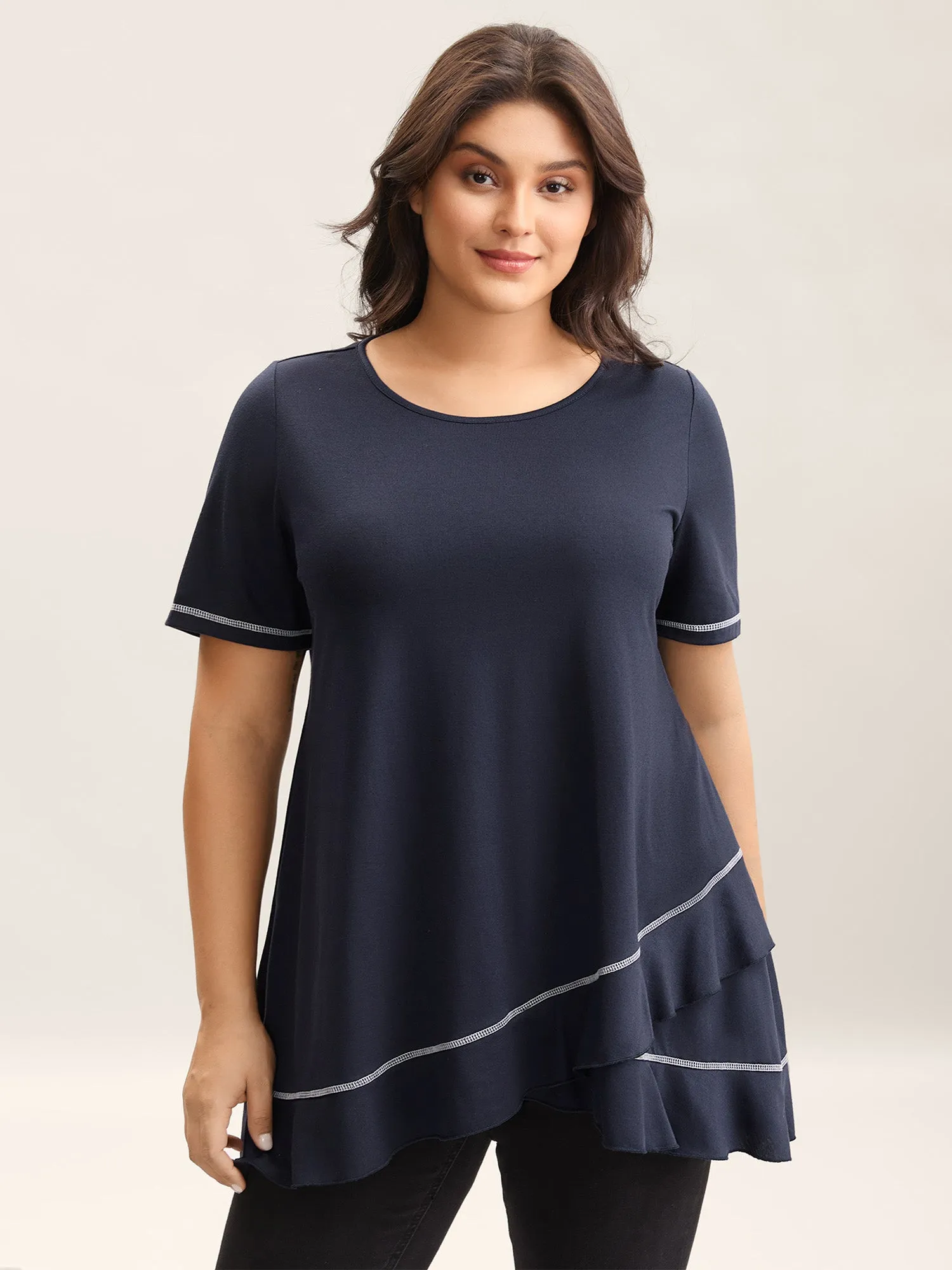 Overlap Hem Round Neck T-Shirt sold by Bloomchic
