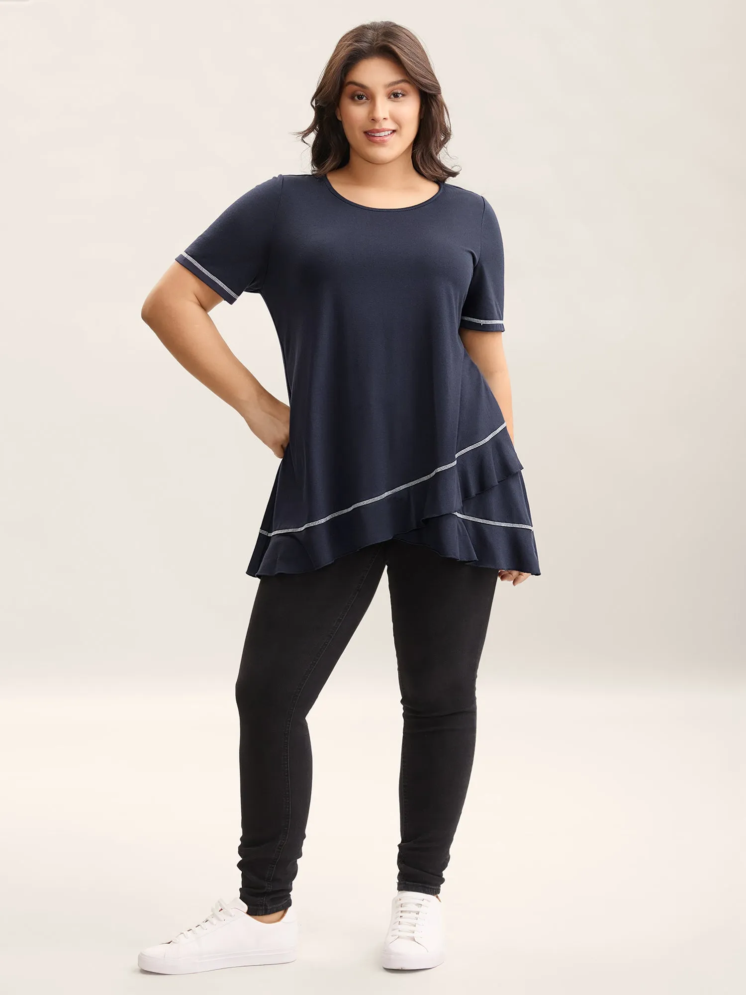 Overlap Hem Round Neck T-Shirt sold by Bloomchic product image thumbnail 3
