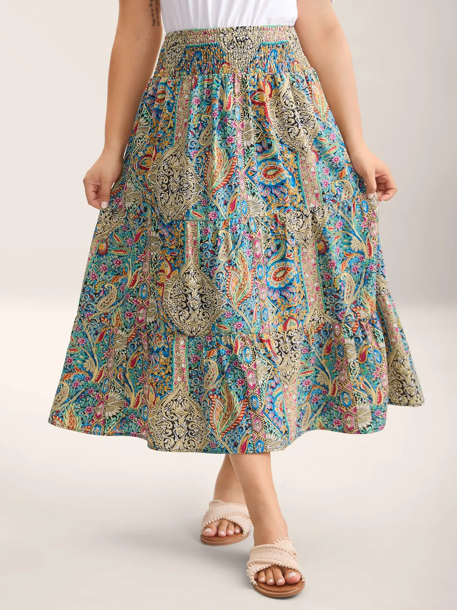 Paisley Print Shirred Waist Midi Skirt sold by Bloomchic
