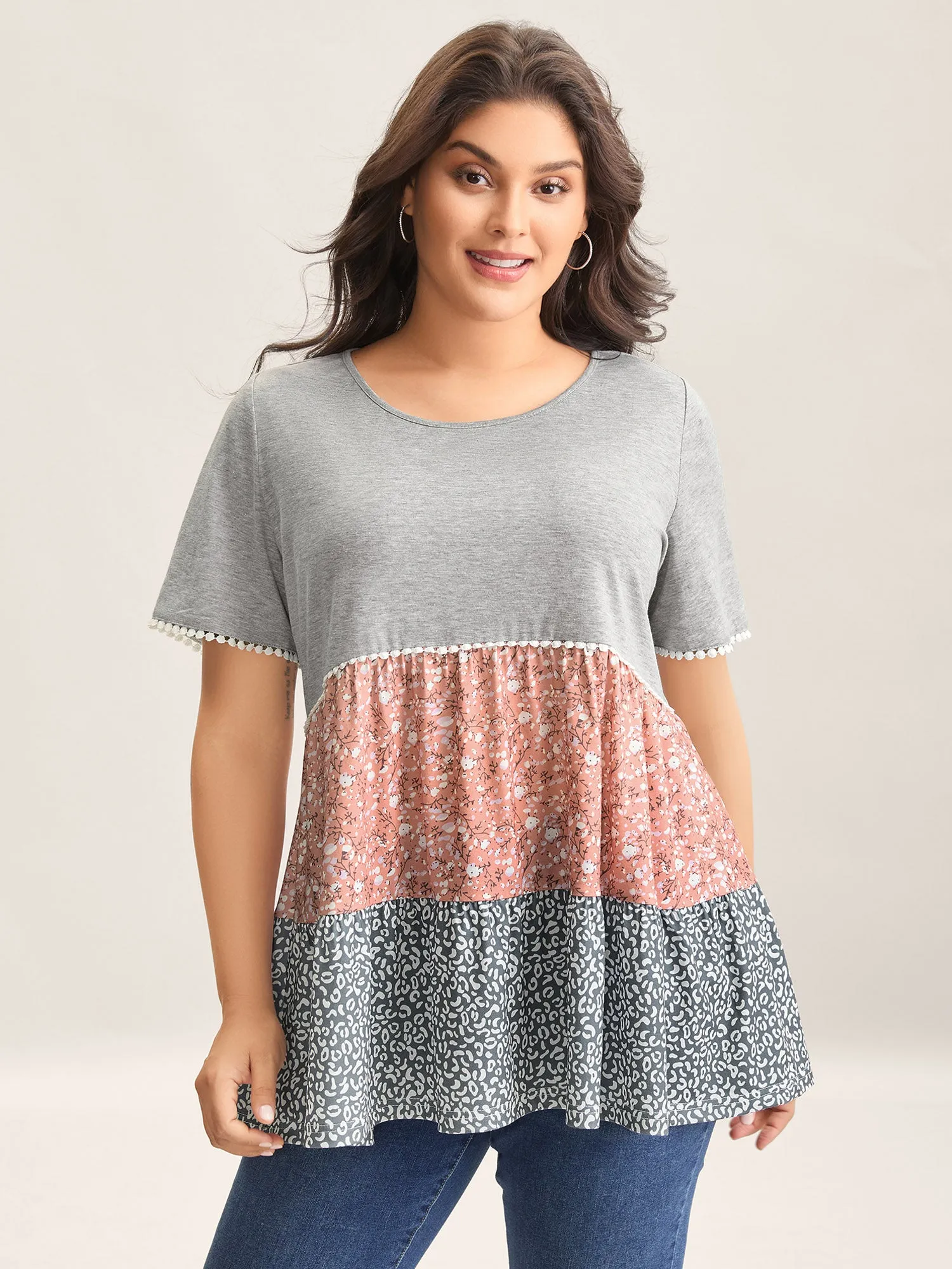 Ditsy Floral Print Patchwork Layered T-Shirt sold by Bloomchic