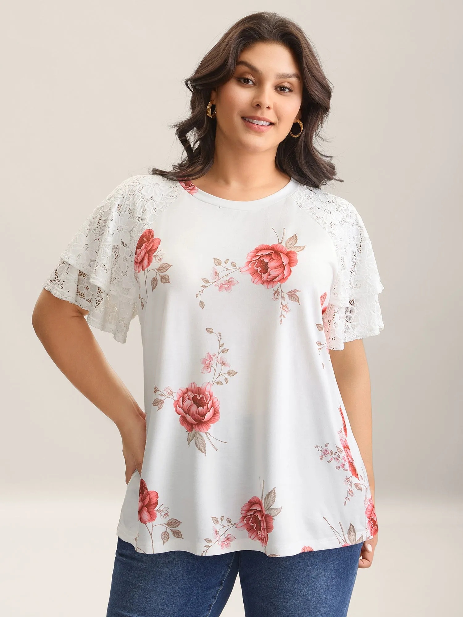 Lace Sleeve Layered Floral T-Shirt sold by Bloomchic