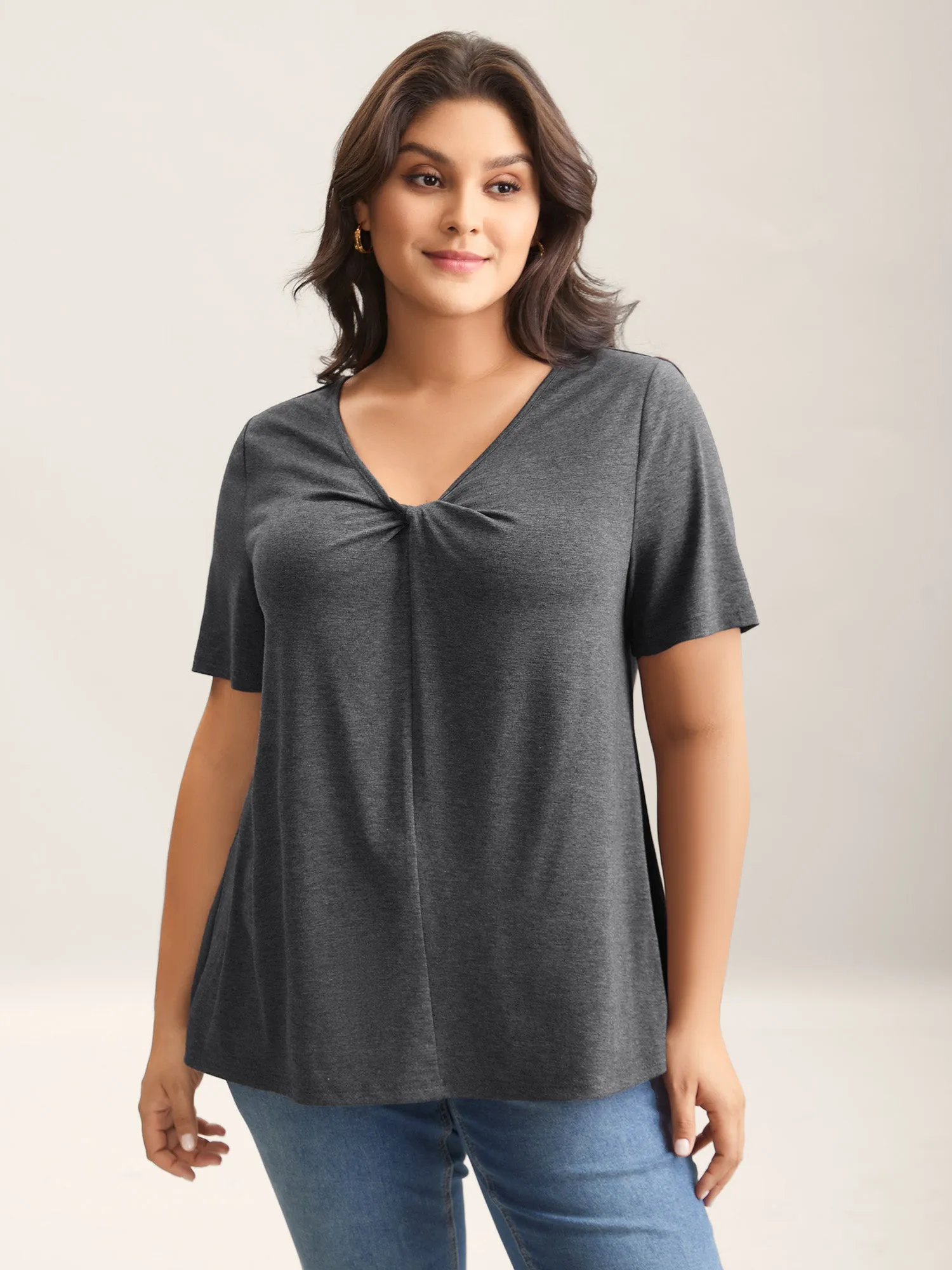 Supersoft Cinched Neck Plain T-Shirt sold by Bloomchic