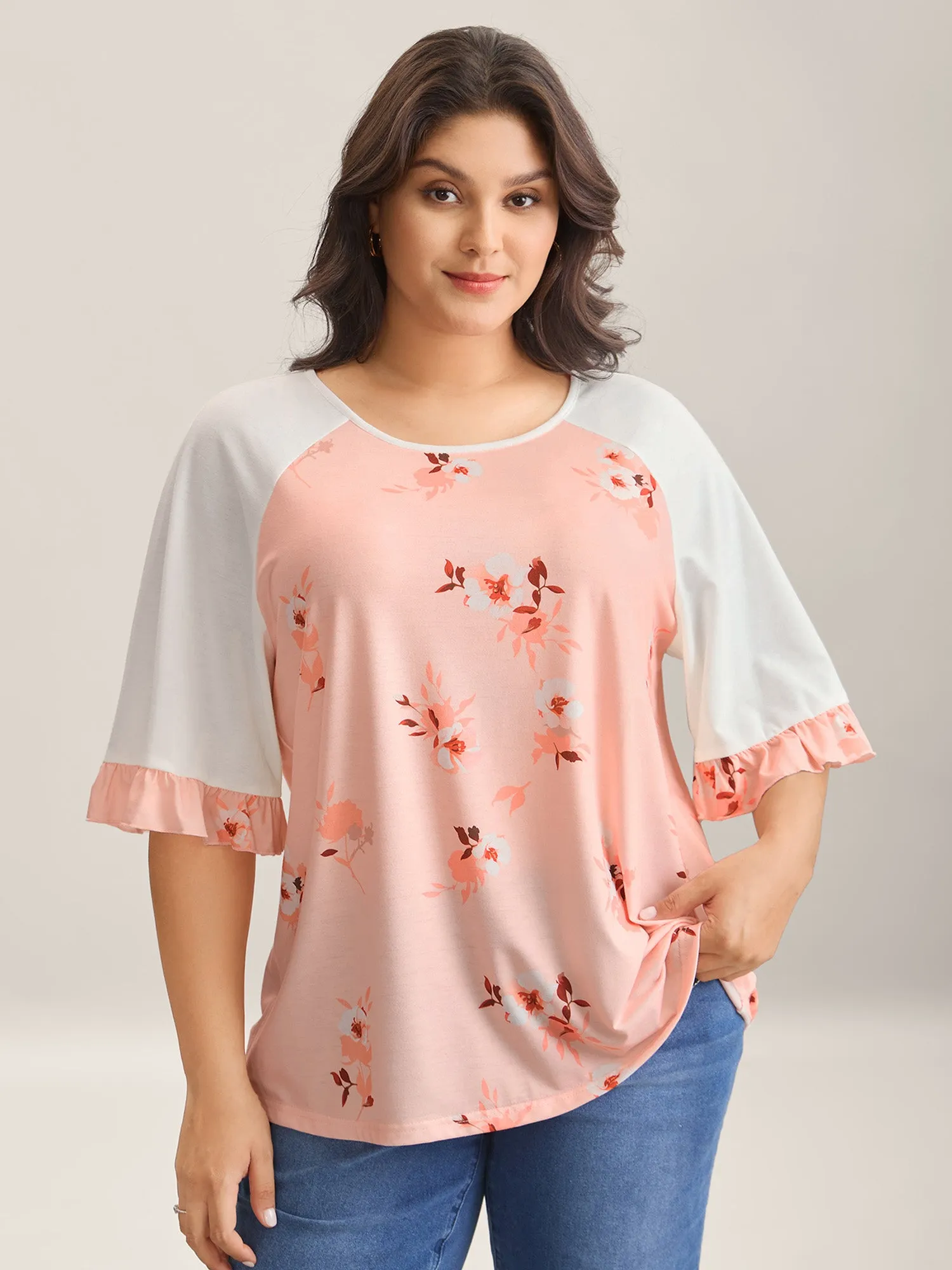 Floral Print Spliced Lotus Leaf Sleeve T-Shirt sold by Bloomchic