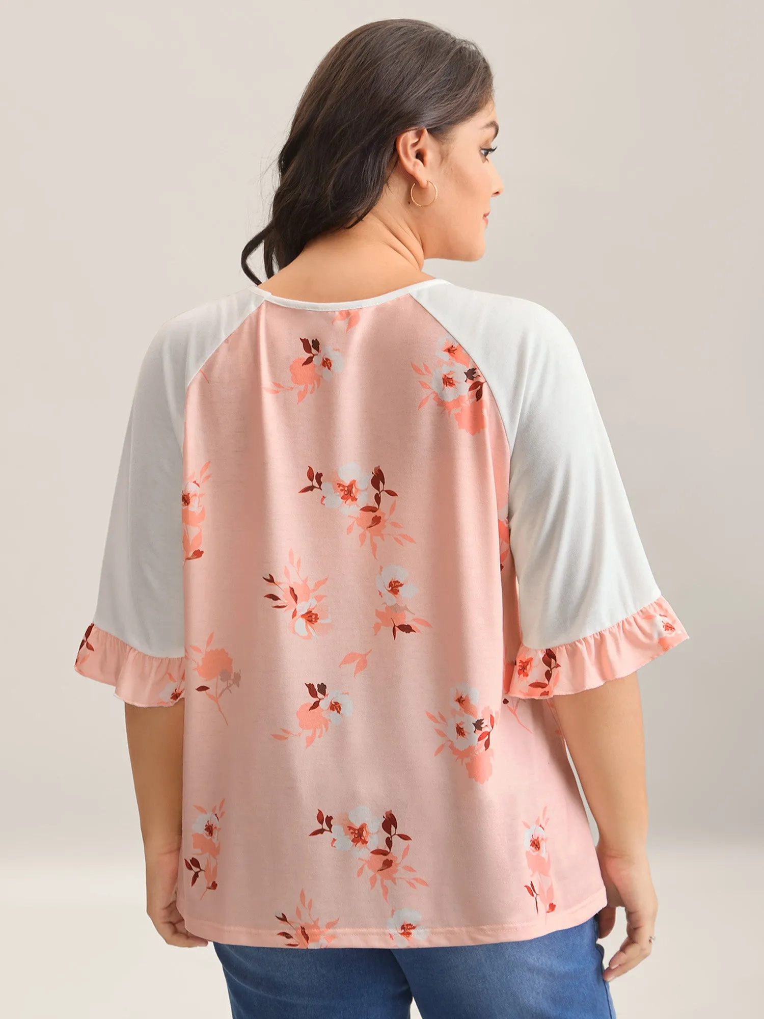 Floral Print Spliced Lotus Leaf Sleeve T-Shirt sold by Bloomchic product image thumbnail 4