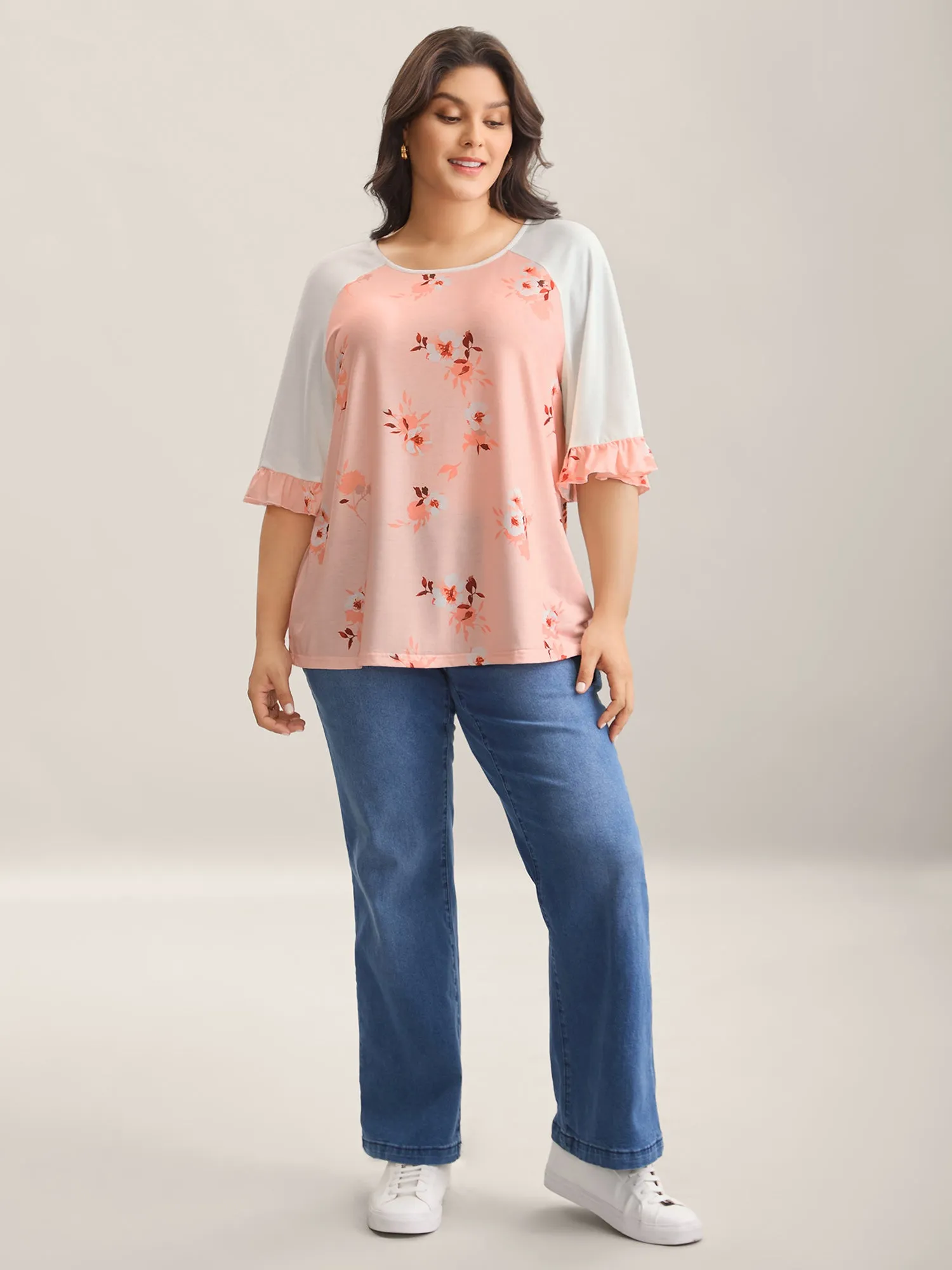 Floral Print Spliced Lotus Leaf Sleeve T-Shirt sold by Bloomchic product image thumbnail 3