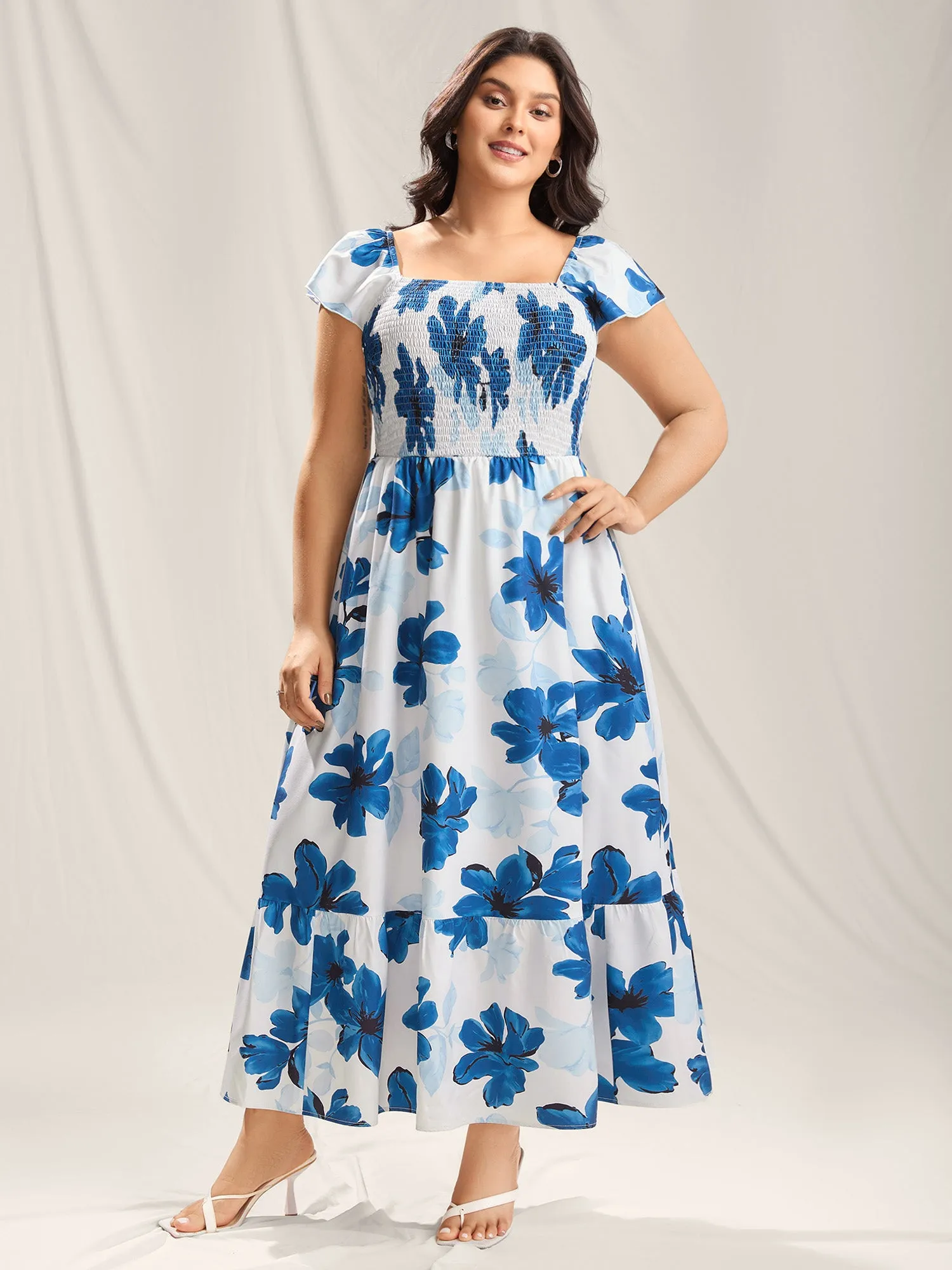 Floral Pattern Shirred Pockets Midi Dress sold by Bloomchic