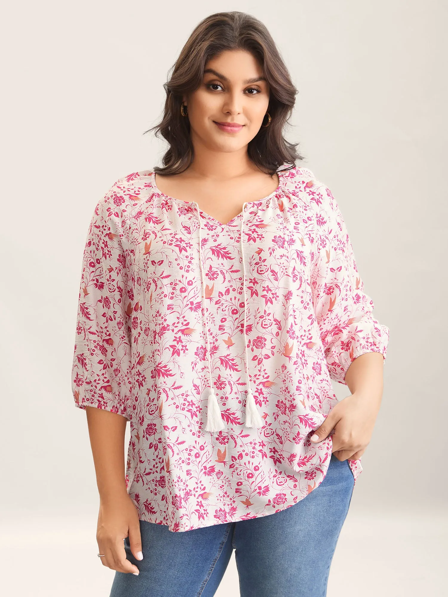 Silhouette Floral Print Neck Tassels Blouse sold by Bloomchic