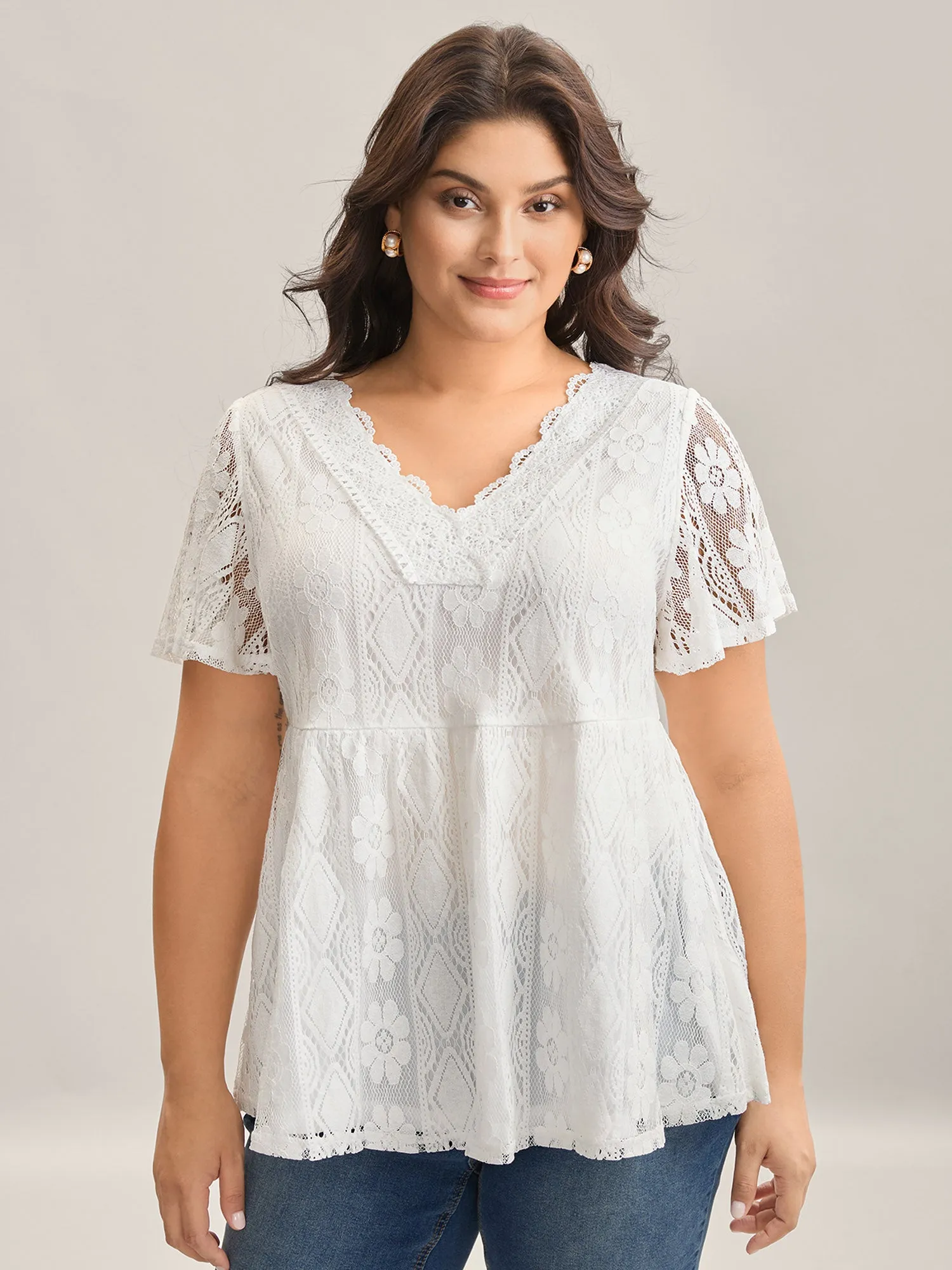 V Neck Lace Mesh Plain T-Shirt sold by Bloomchic