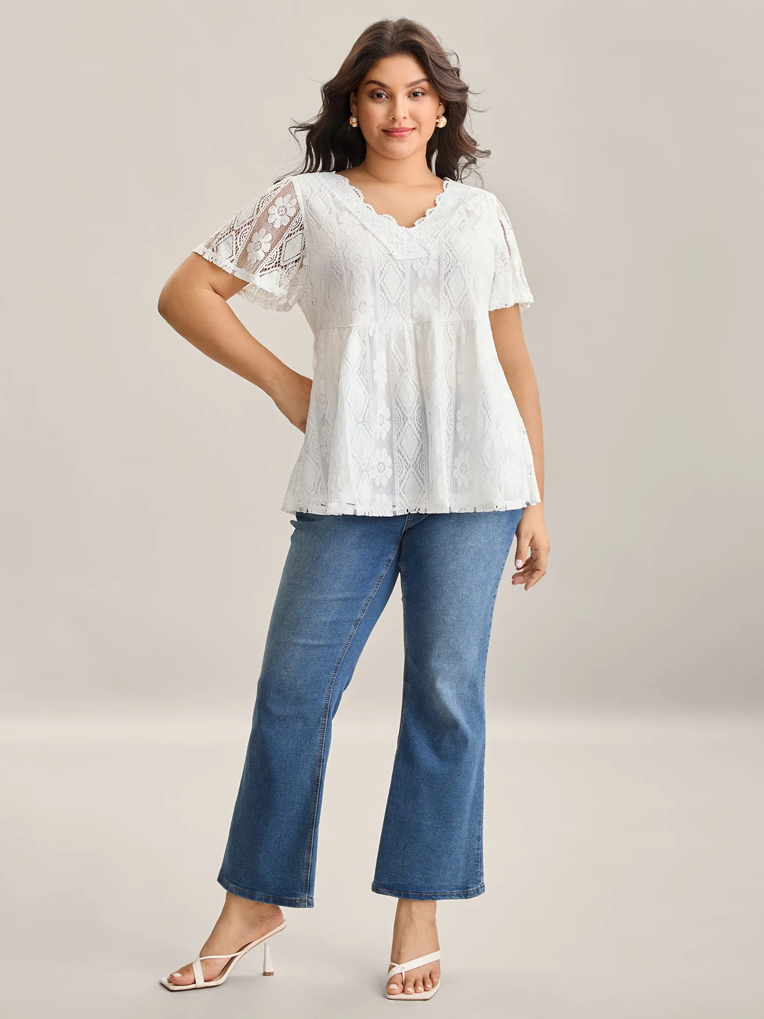 V Neck Lace Mesh Plain T-Shirt sold by Bloomchic product image thumbnail 3