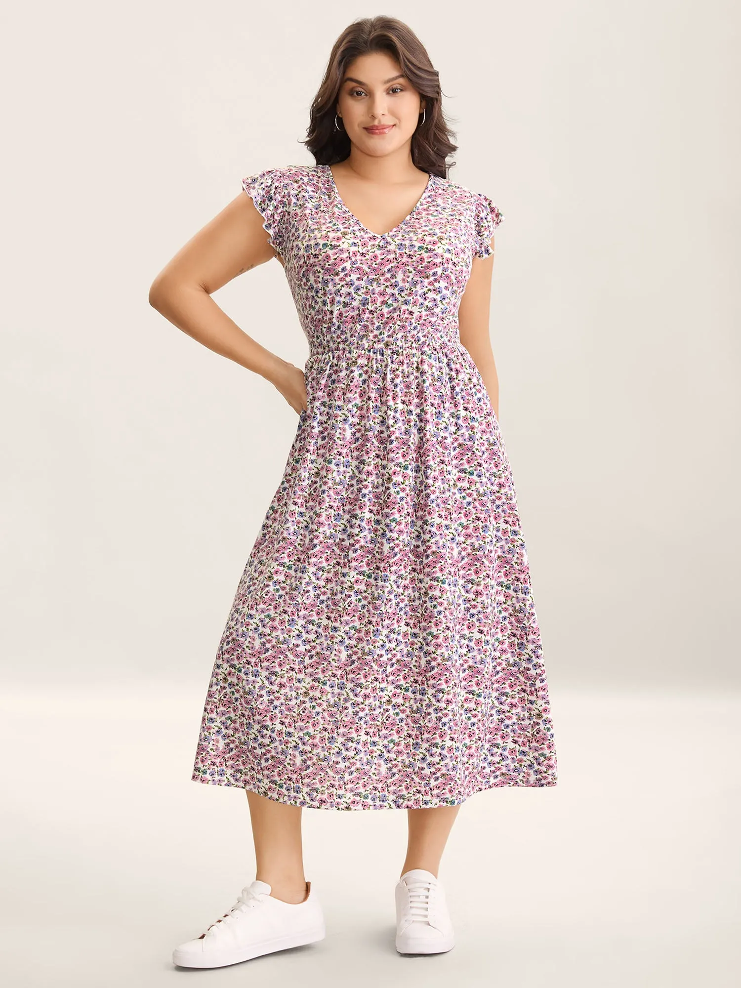 Ditsy Floral Flutter Sleeve Pockets Midi Dress sold by Bloomchic