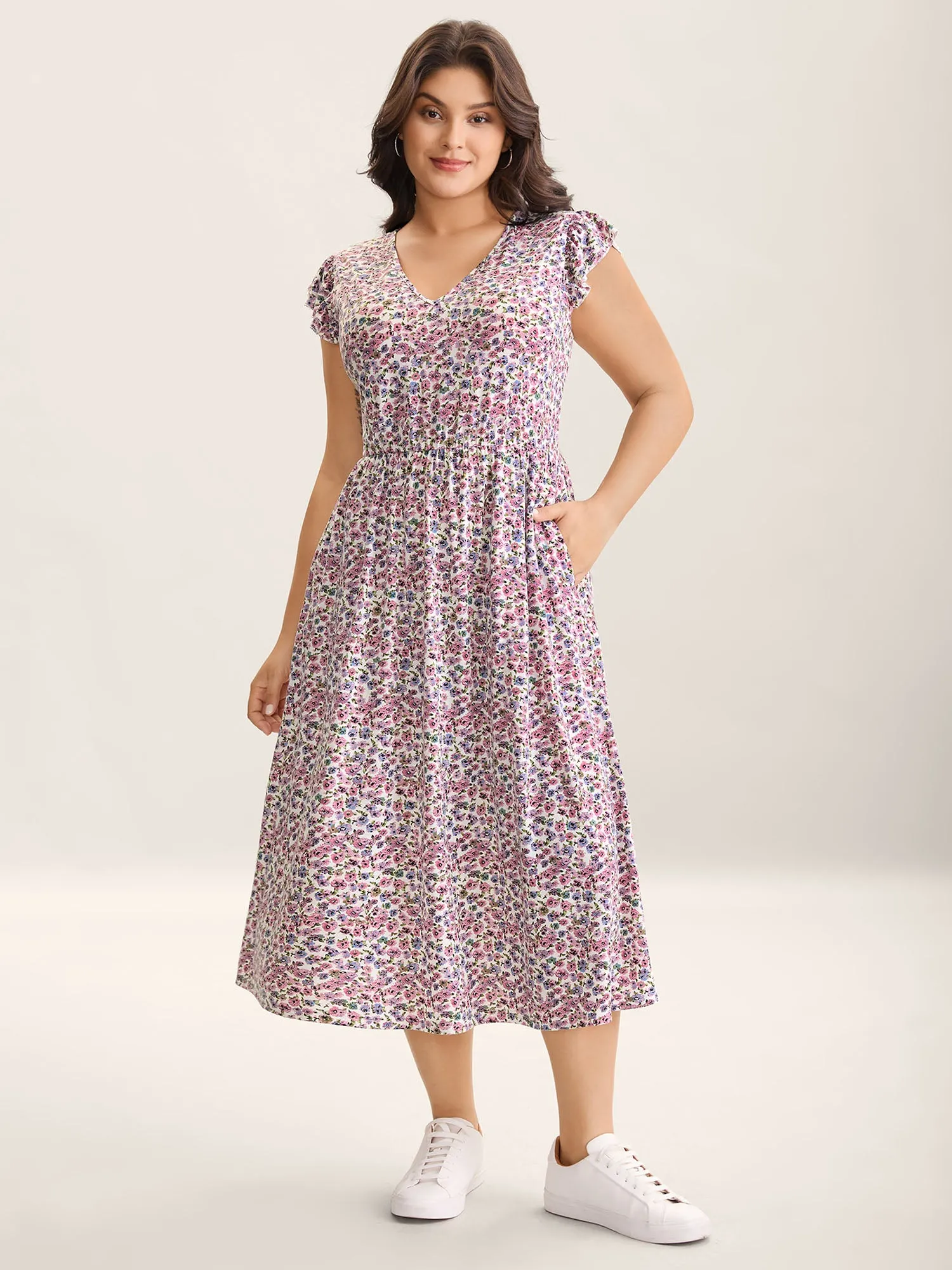 Ditsy Floral Flutter Sleeve Pockets Midi Dress sold by Bloomchic product image thumbnail 3