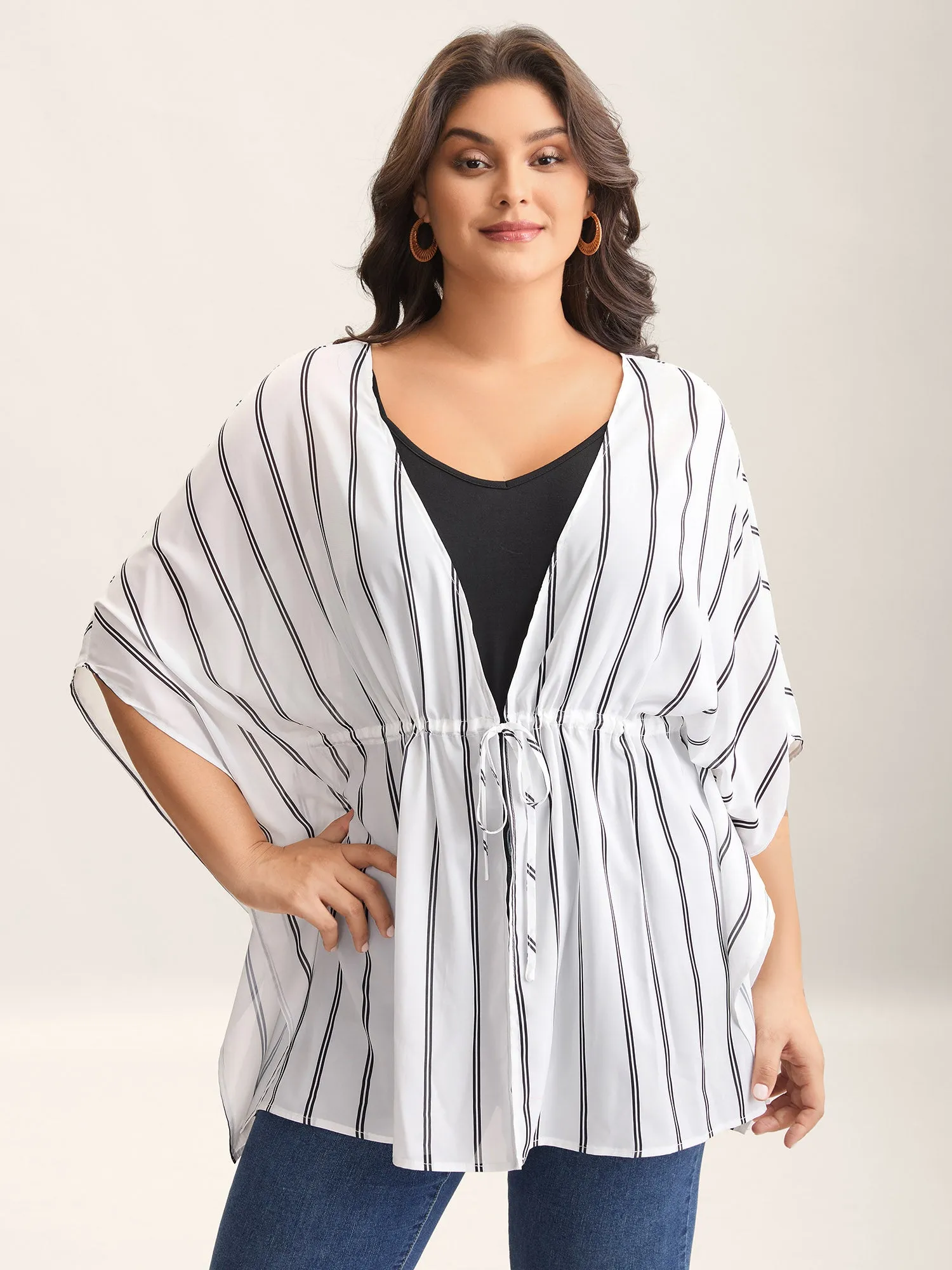 Striped Waist Tie Kimono Cardigan sold by Bloomchic