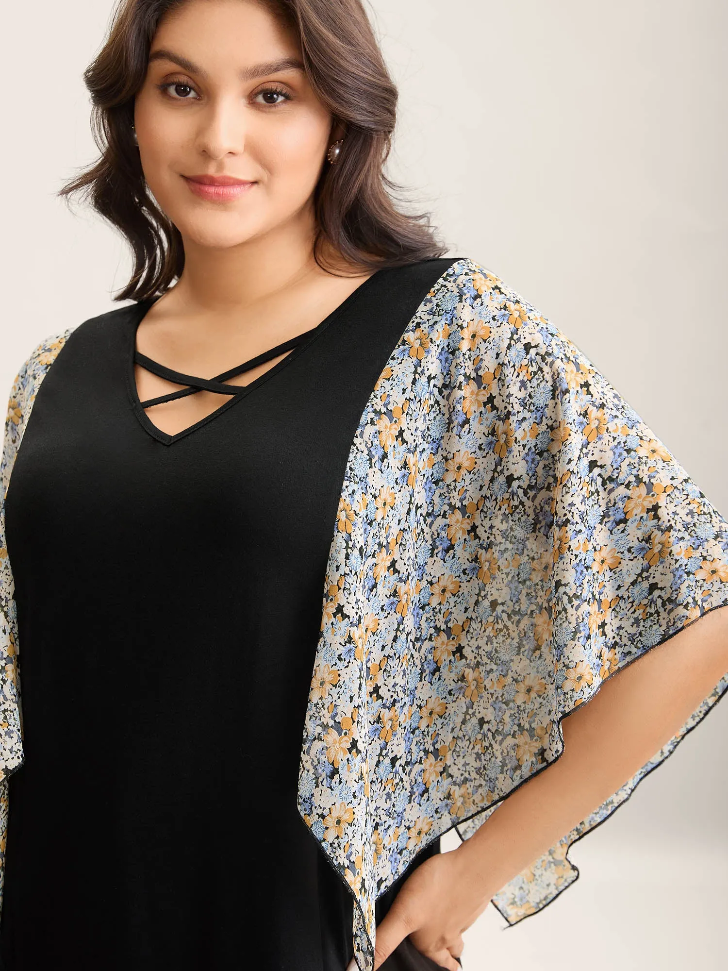 Sheer Flared Sleeve Spliced Plain Top sold by Bloomchic product image thumbnail 2